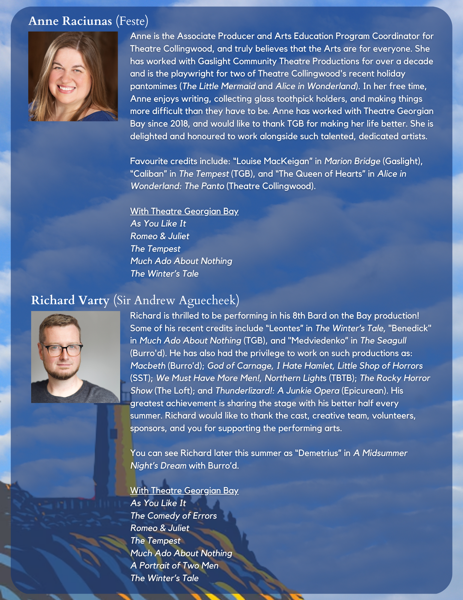 A poster features headshots and biographies of two performers, Anne Raciunas and Richard Varty, against a background of a blue sky with clouds and a silhouette of a city skyline. The poster includes details about their roles, performances, and credits, along with a list of upcoming productions.