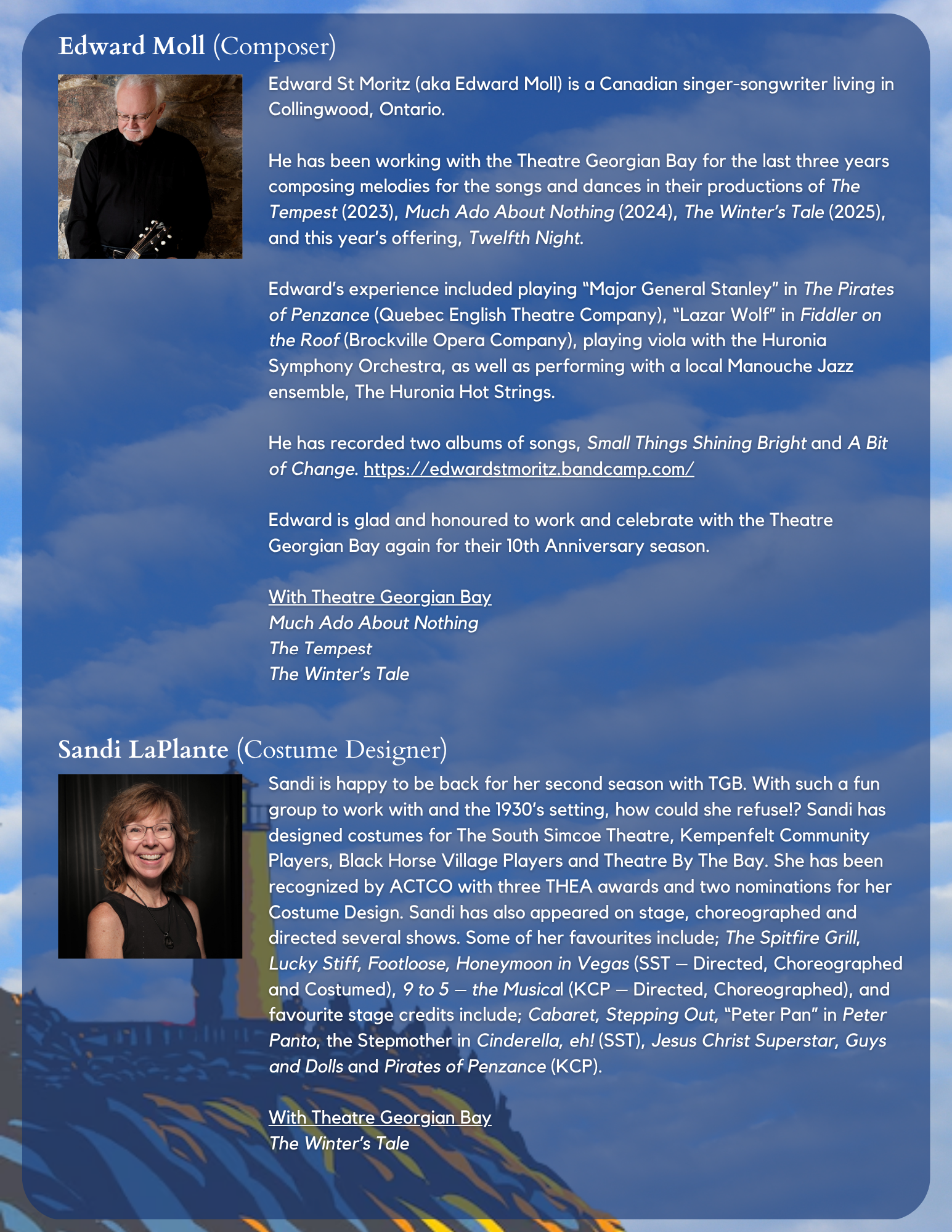 Information panel about Edward Moll, a Canadian singer-songwriter, with a photo of him holding a guitar, and details of his musical work and background.