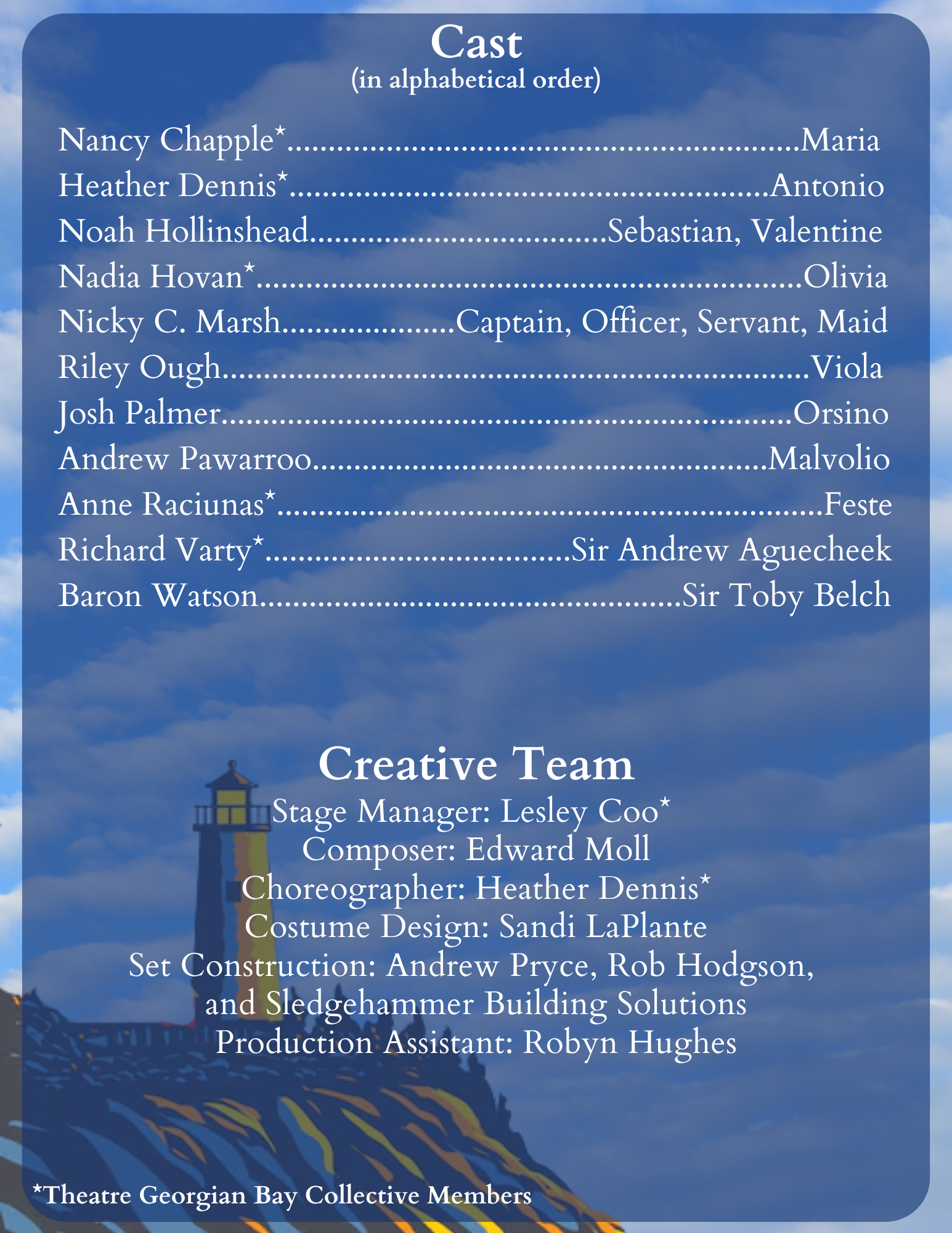 Image of a list of cast members and creative team for a theater production, with a sky background featuring clouds and a lighthouse illustration.