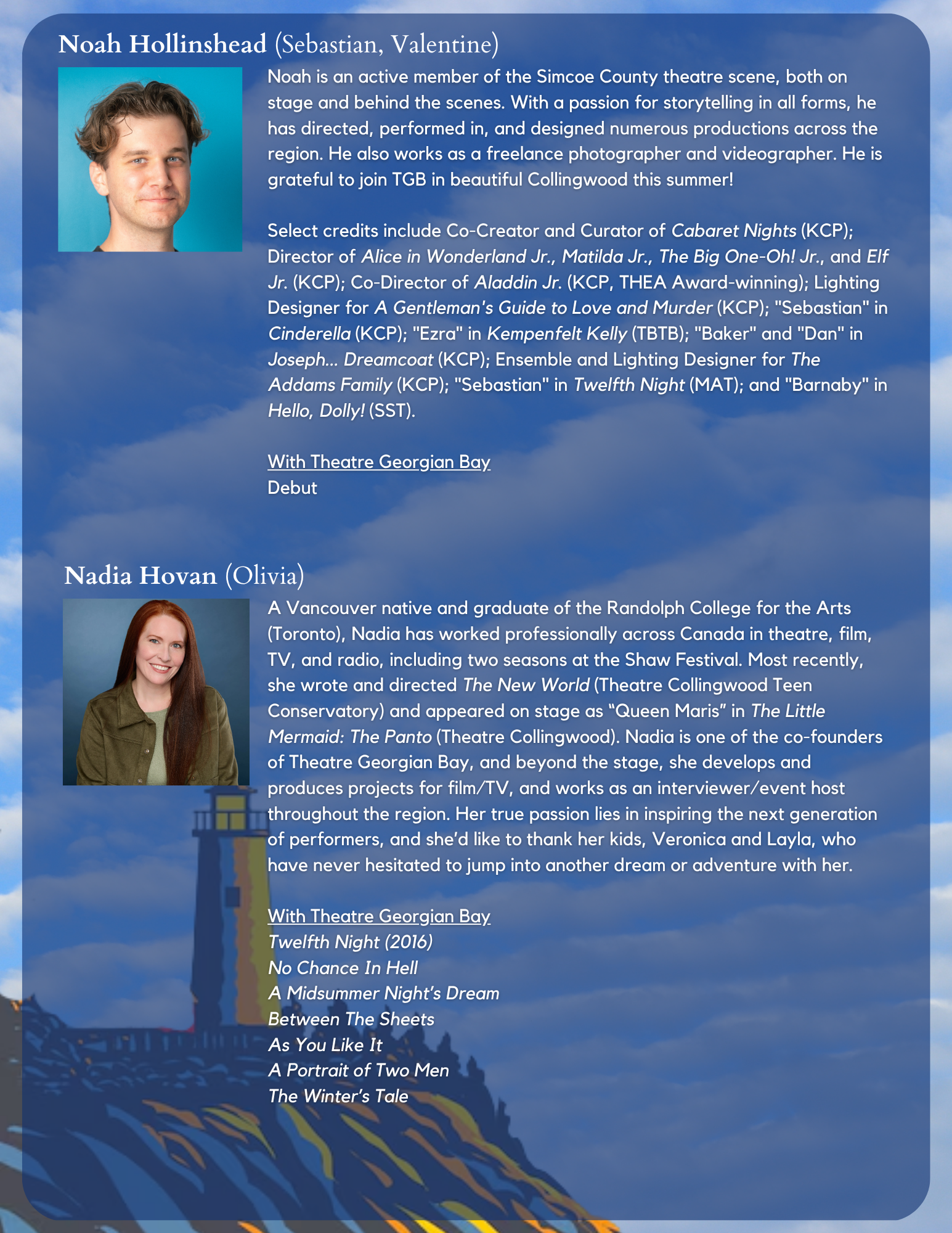 A photo of Noah Hollinshead, a young man with curly hair, on the left side of an information page about him. The background features a blue sky with clouds, and a lighthouse at the bottom left corner. The text provides a biography and list of credits for Noah Hollinshead, including his theater work and involvement in various productions.