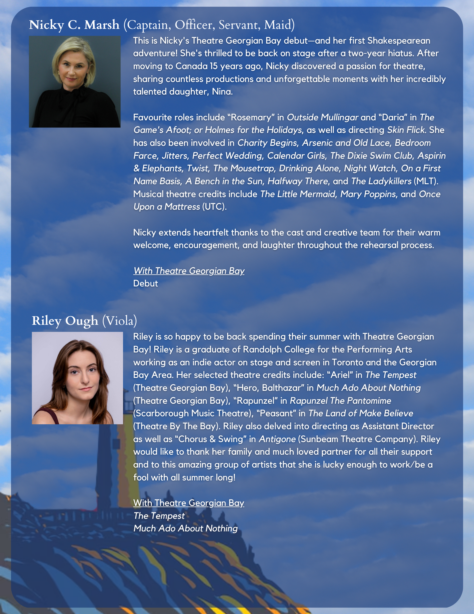 A page from a theatrical program featuring biographies of cast members Nicky C. Marsh and Riley Ough, with photographs of each. The page has a background of a cloudy sky with a cityscape silhouette at the bottom.