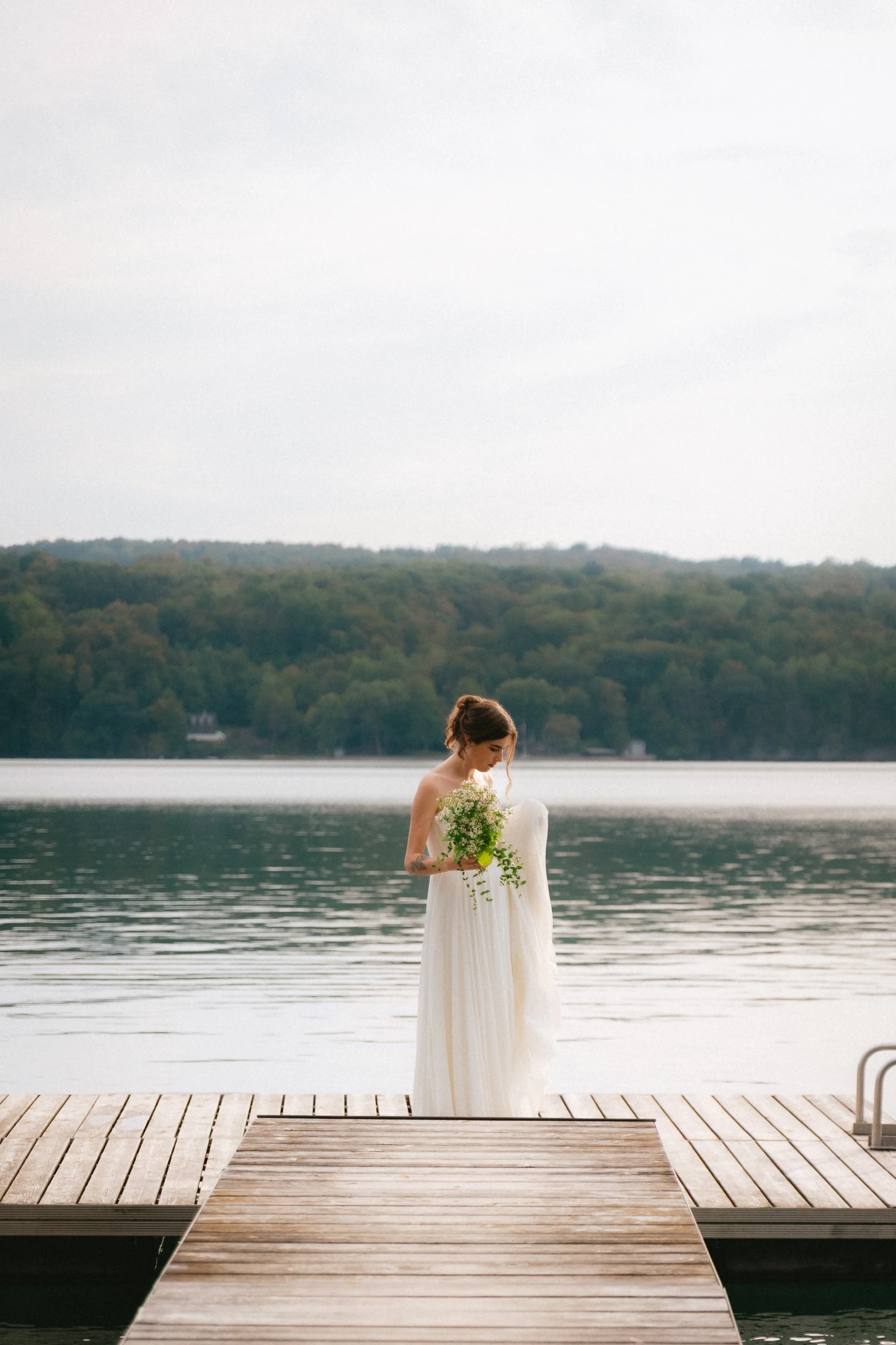 Bride looking at dress