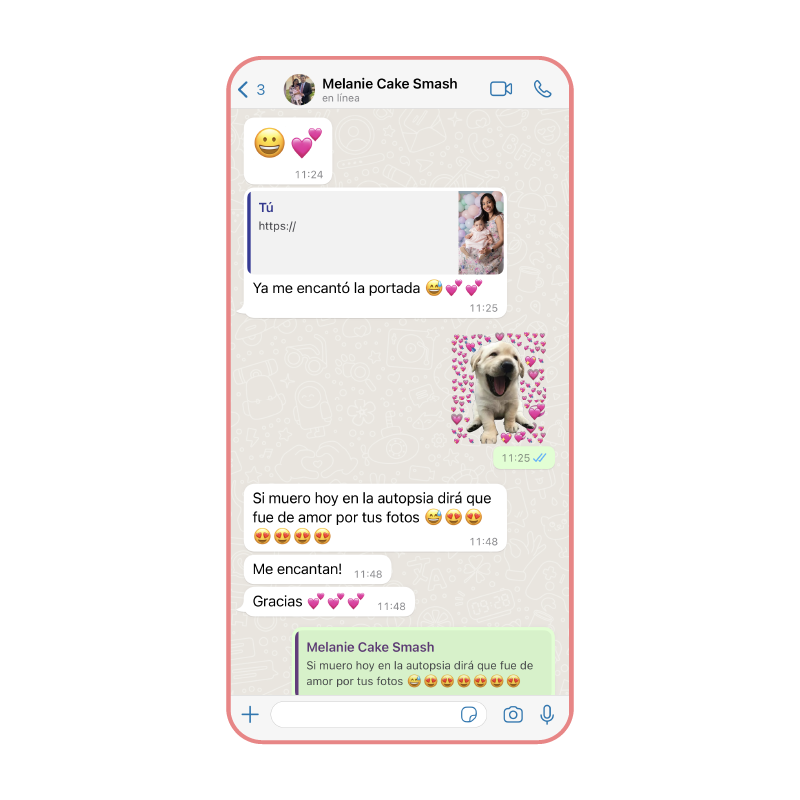 Captura de pantalla de una conversación en WhatsApp con notas, emojis, fotos de una niña y un cachorro, y un texto que habla sobre amor y despedida.