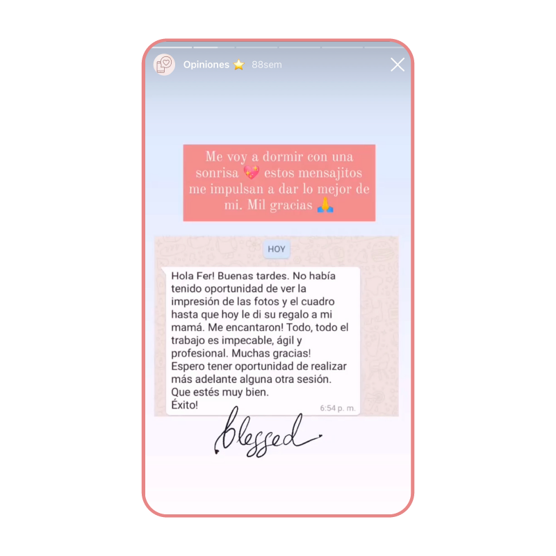 Captura de pantalla de una conversación en redes sociales con mensaje de agradecimiento y firma con la palabra 'blessed'.
