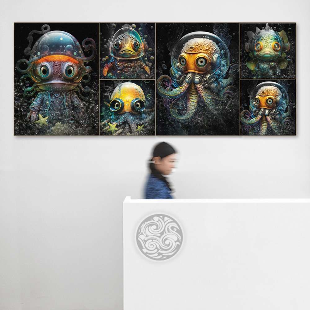 Stretched canvas on wood frame wall art for kids of colorful underwater sci-fi fantasy space aliens created by Liquid Twist.