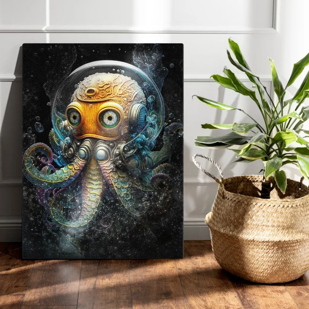 Stretched canvas on wood frame wall art for kids of colorful underwater sci-fi fantasy space aliens created by Liquid Twist.