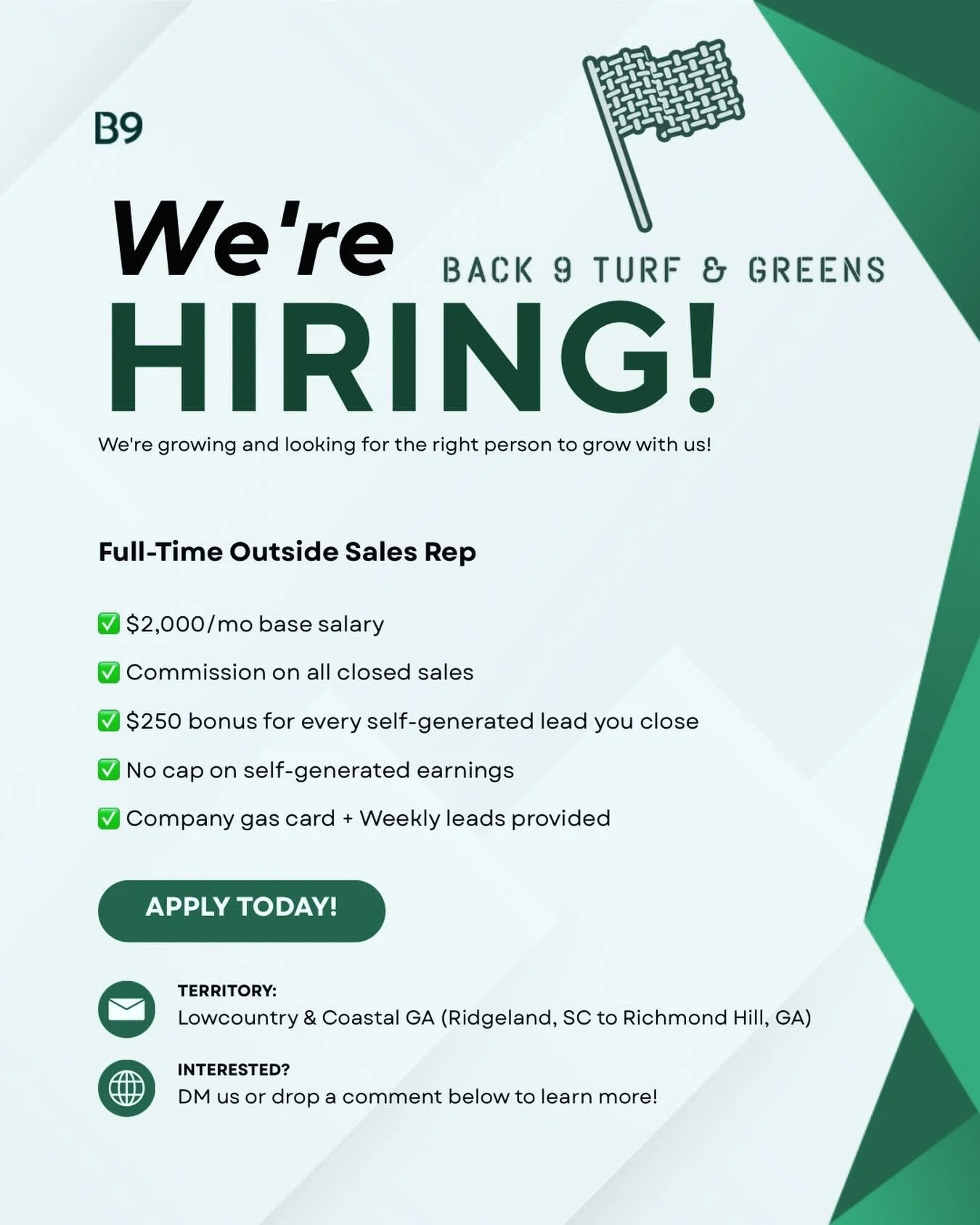 Unlike our grass, we are growing!! We are looking for a hungry, energetic sales professional to help us grow in a booming industry! #syntheticgrass #lowcountryliving