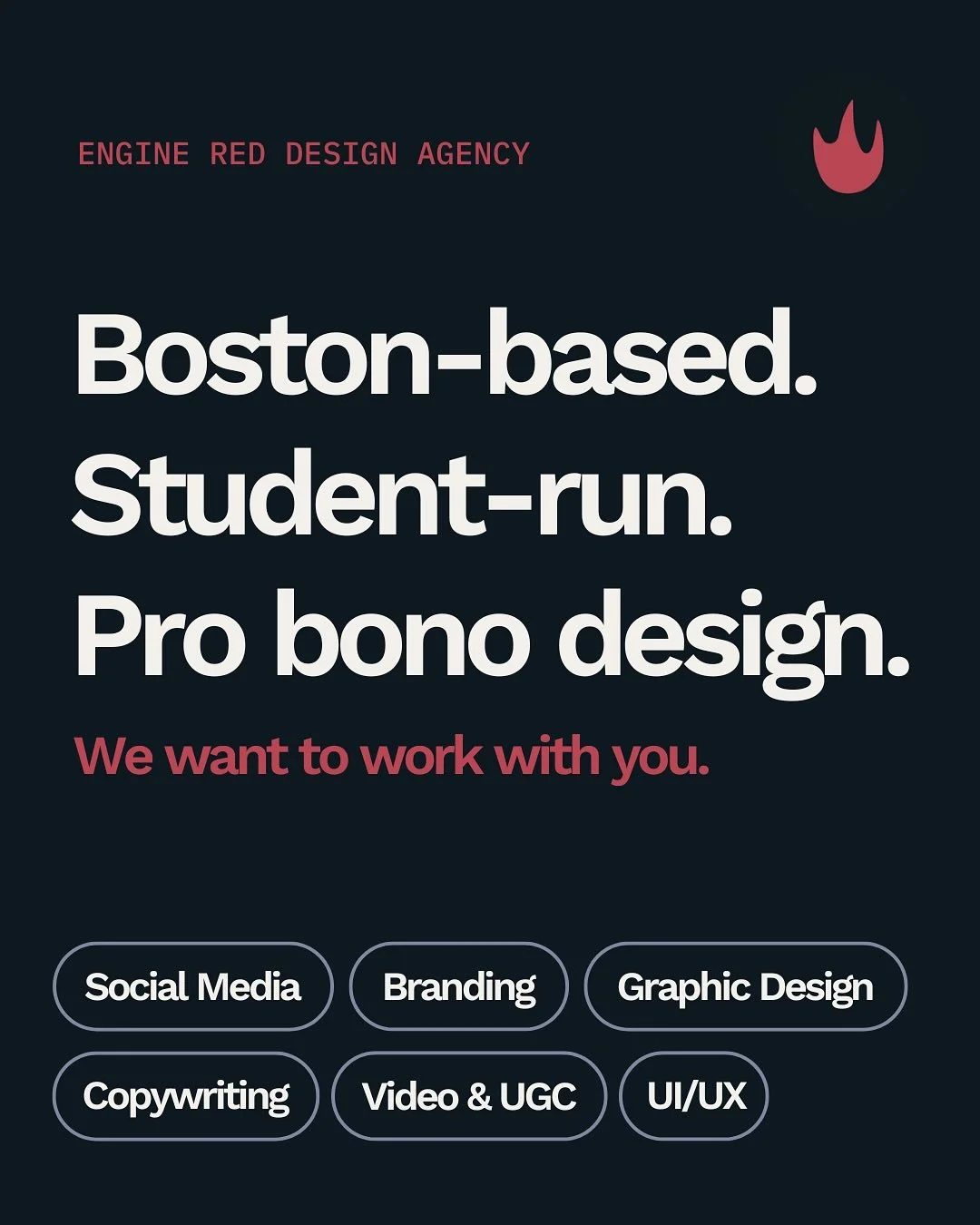Welcome to Engine Red: a Northeastern student-led design agency shaping brands with passion, strategy, 
and just the right amount of heat.

Each semester, student designers team up with real-world clients to deliver bold, high-impact work in:
 🔥 Bra