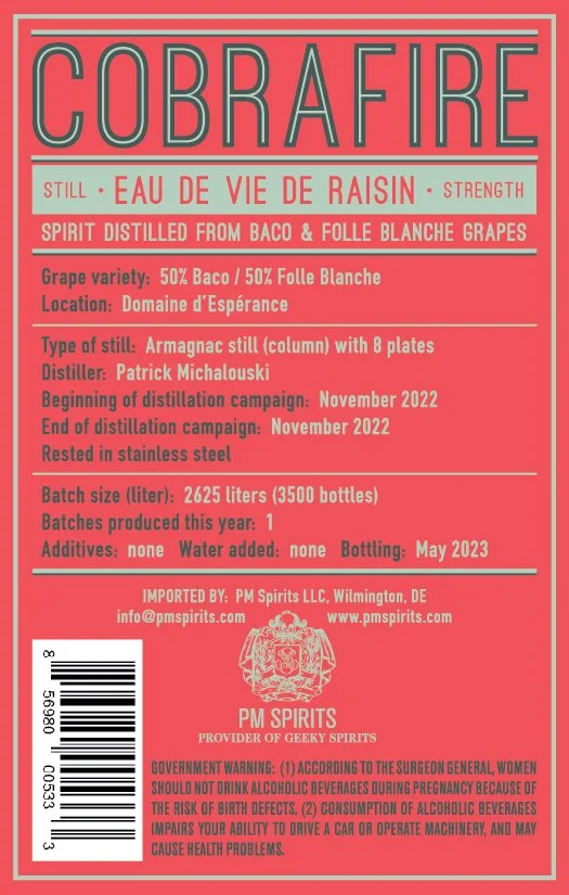 Cobrafire Eau De Vie de Raisin back label