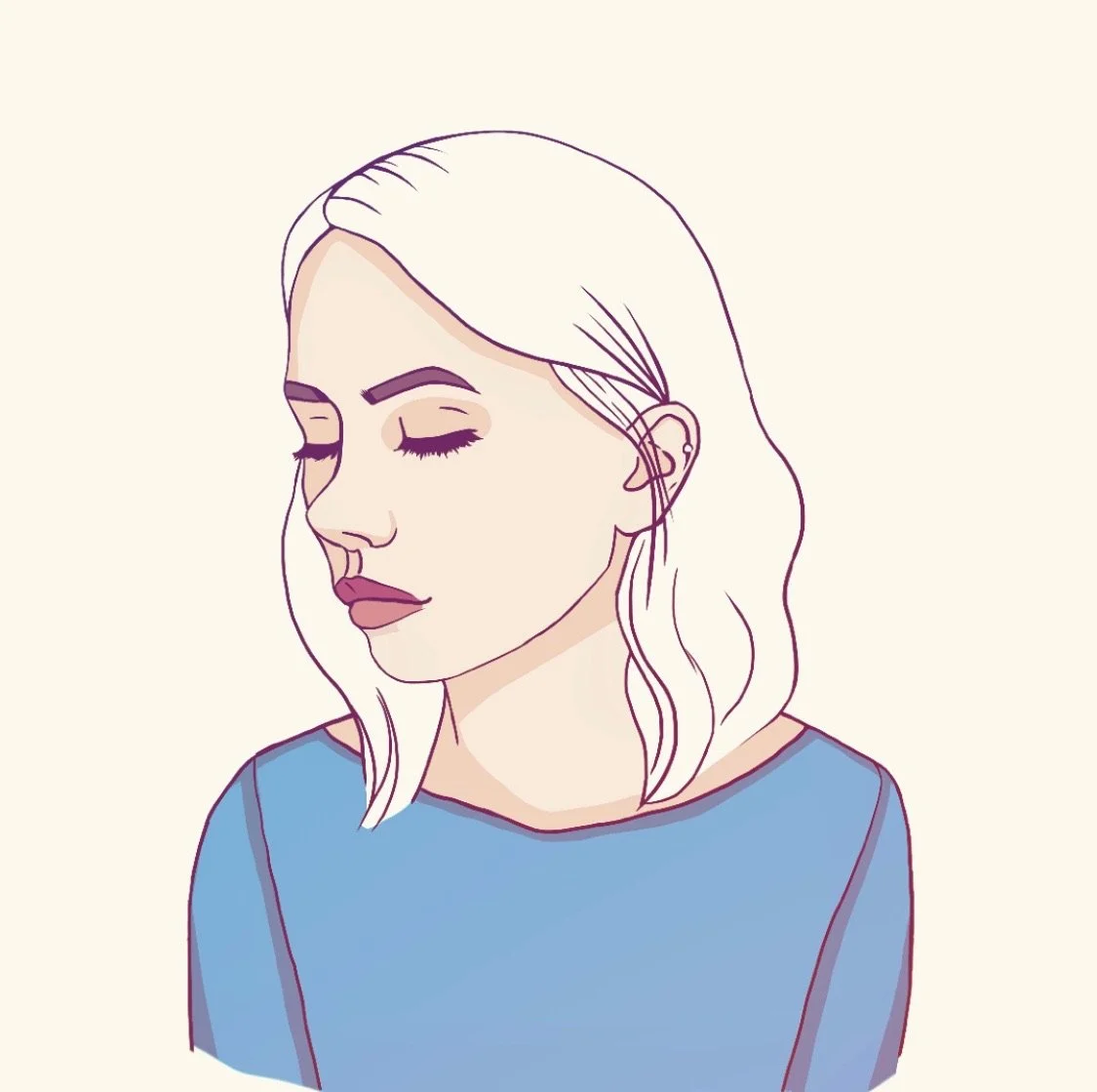 Illustration of a woman with long, wavy white hair and closed eyes, wearing a blue top, with a calm expression.