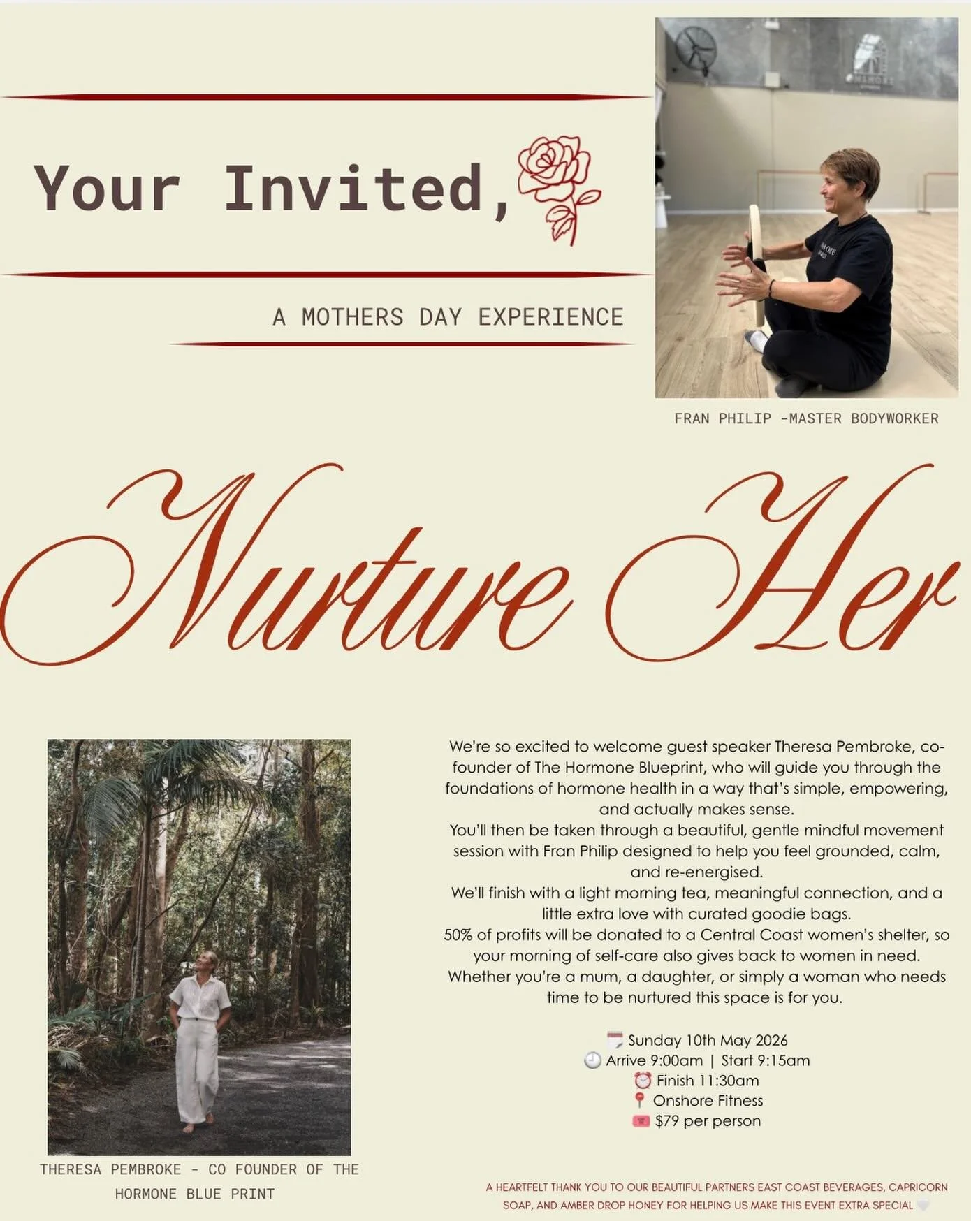 NURTURE HER 🤍 A Mother&rsquo;s Day Experience

We&rsquo;re so excited to welcome guest speaker Theresa Pembroke, co-founder of The Hormone Blueprint.
Join us for a morning designed to nurture you starting with a simple, empowering workshop on hormon