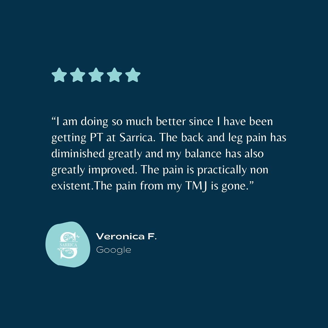 ⭐️⭐️⭐️Patient Review⭐️⭐️⭐️

&ldquo;Unfortunately I have several issues&hellip;problems with my lumbar and cervical spine, balance issues and TMJ. I am doing so much better since I have been getting PT at Sarrica. The back and leg pain has diminished 