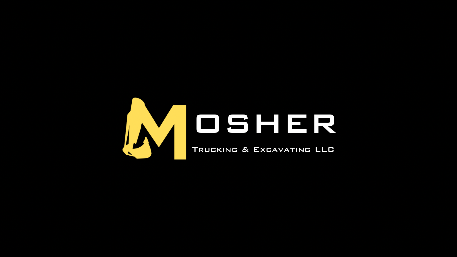 Logo for Mosher Trucking & Excavating LLC featuring a stylized yellow 'M' and black and white text.