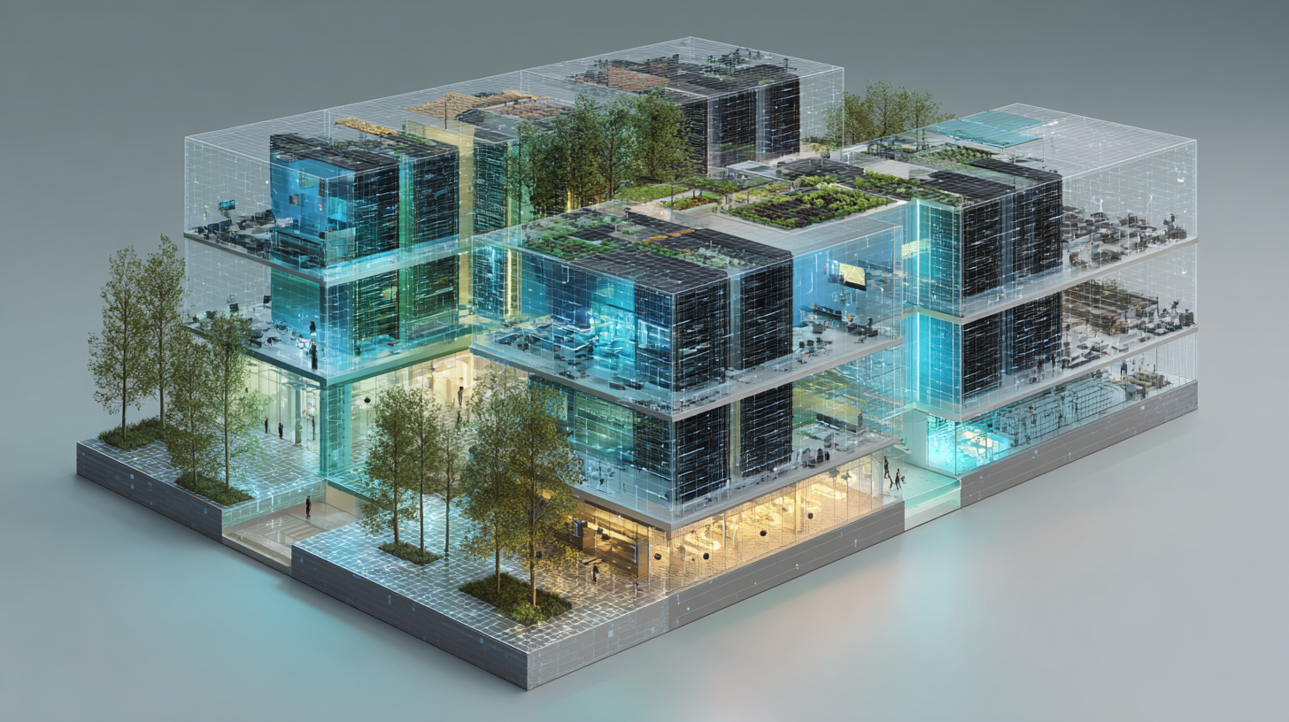 illustrative modern sustainable data center integrated with vibrant public park, vertical gardens