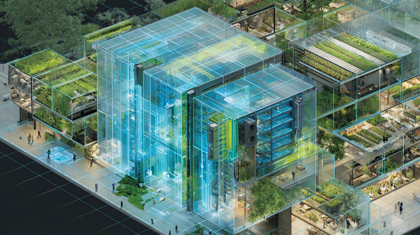 data center waste heat waming adjacent advance hydroponic greenhouses growing vegetables visible through glass walls