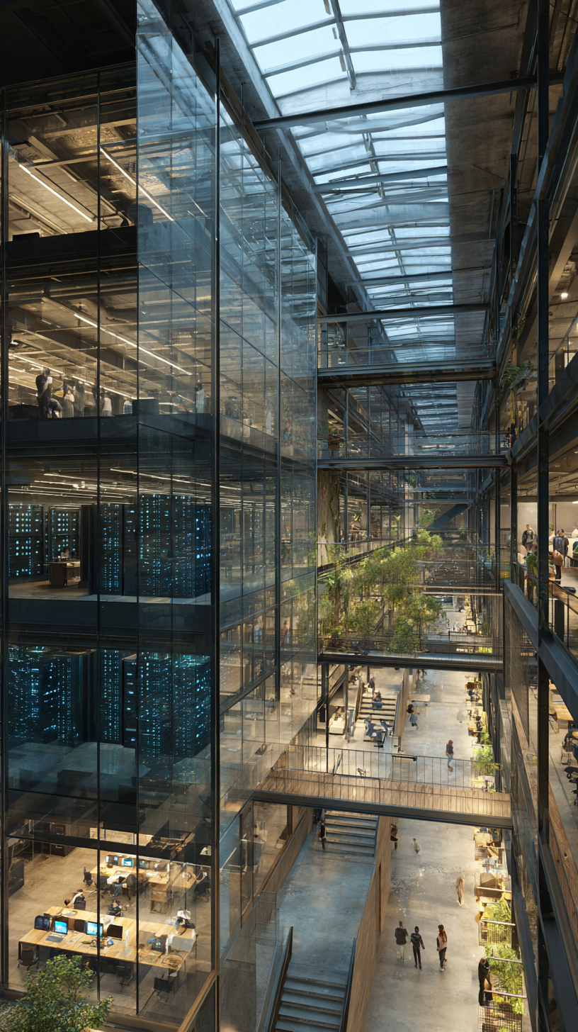 interior view looking up a multi-story data center building