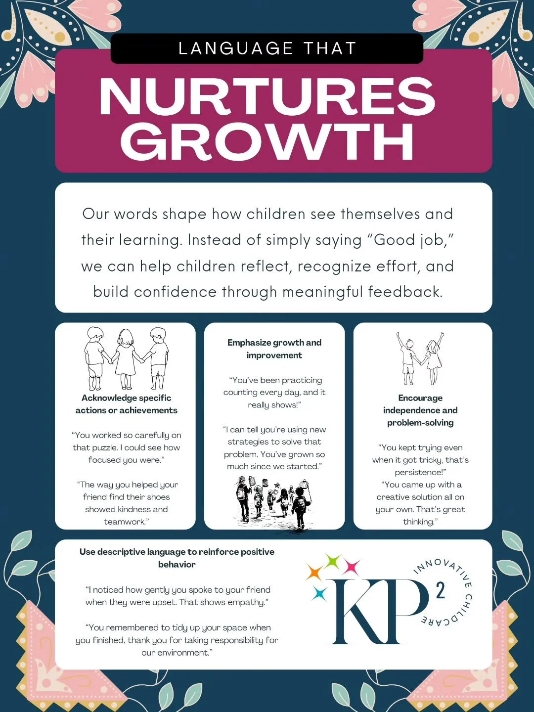 We&rsquo;re intentional about the words we use with children. Instead of simple praise like &ldquo;good job,&rdquo; we focus on language that highlights effort, growth, and reflection. 

When we name what we notice, we help children recognize their s