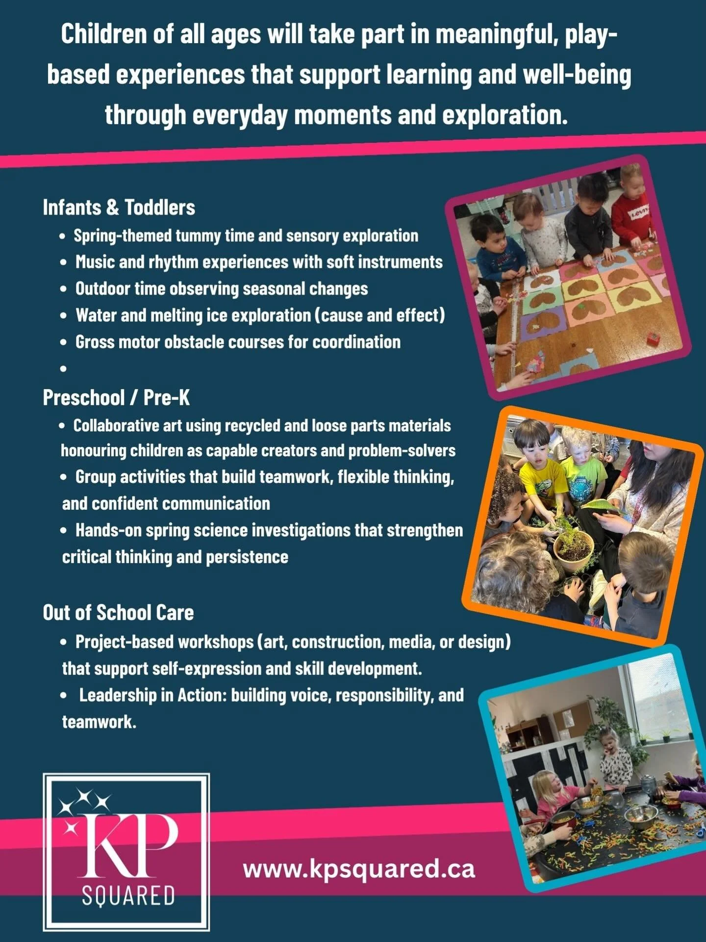 At KPSquared Innovative Childcare Centres, childhood is honoured as a time of wonder, curiosity, and connection.

Children of all ages take part in meaningful, play-based experiences that support learning and well-being through everyday moments and e