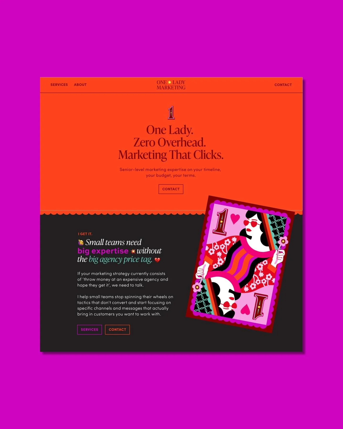 2/3 She&rsquo;s playful, she&rsquo;s confident, she means business (and knows her stuff, too)&hellip; she&rsquo;s One Lady Marketing. Bold but light-hearted, this brand identity was just SO fun to create.   The primary logo is deliberately stripped b