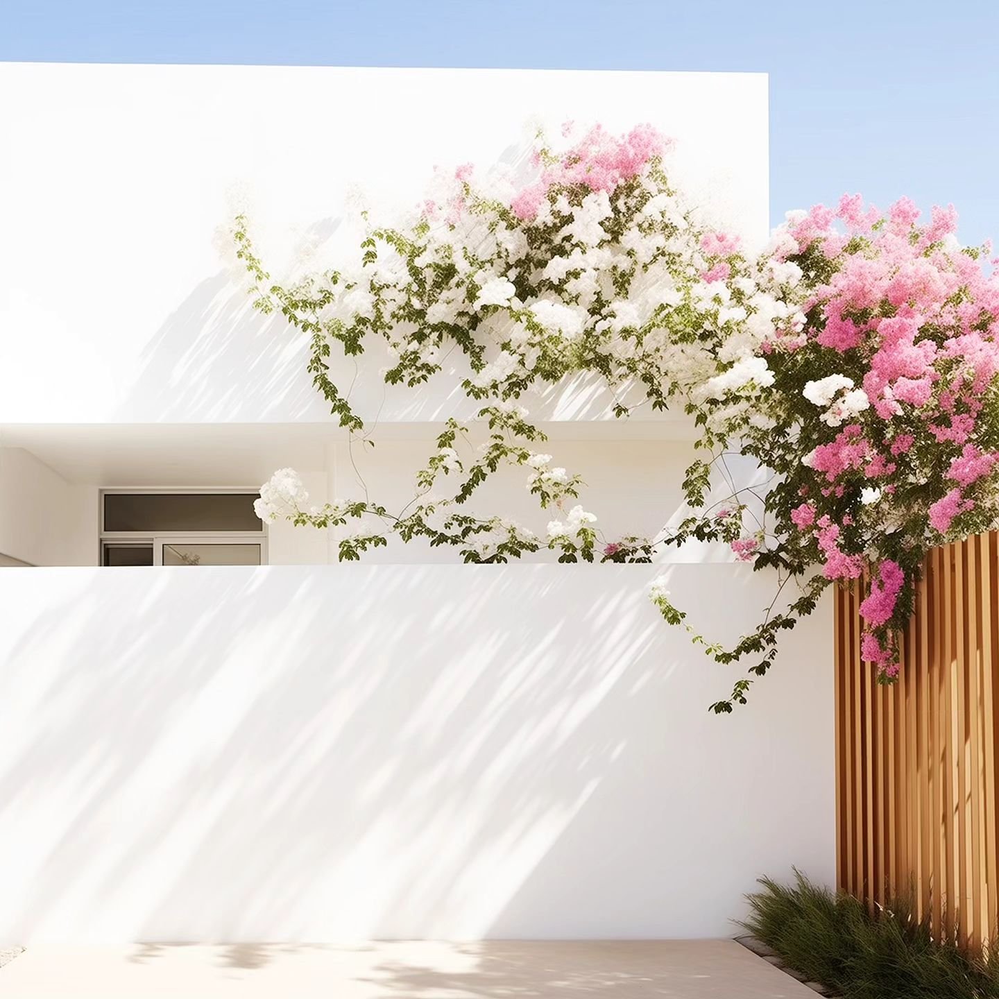 Minimalist courtyard design featuring white and pink bougainvillea 🤍🩷