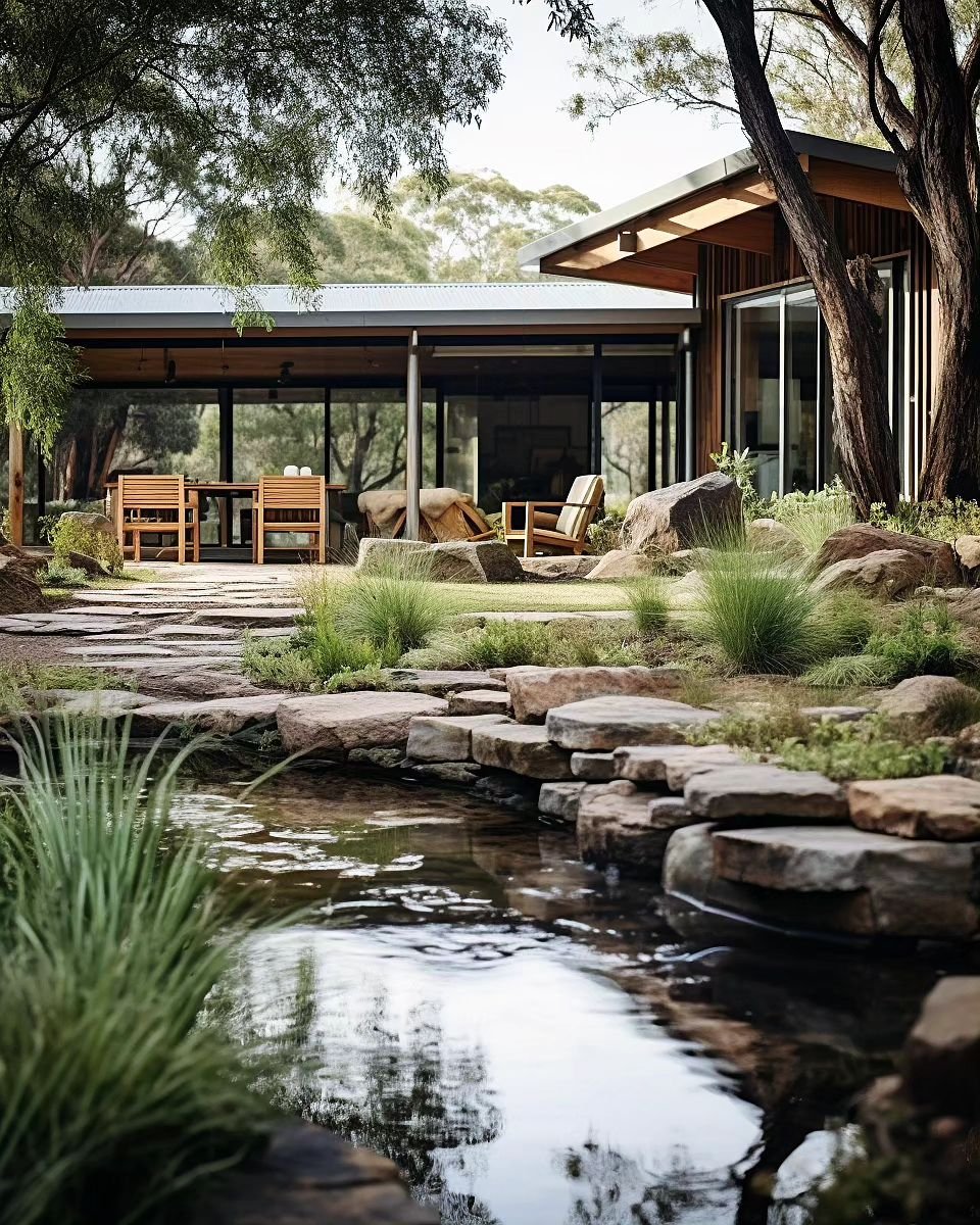 Backyard design by Jack Waterford featuring basalt stone, natural pond and natives.
#gardeninspiration #landscapedesign #horticulture