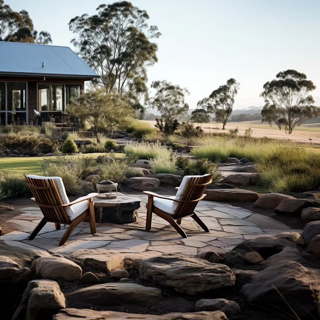 New rural design project featuring native grasses and sandstone crazy paving. Contact Jack for your next landscape design project.