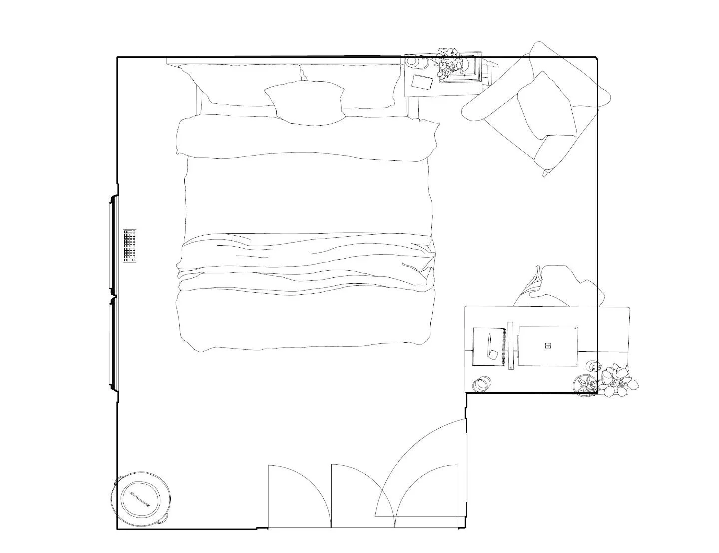 IRC112 - 

AutoCAD drawing of interior bedroom details at perspective.

Photoshop stitch of images to showcase my bedroom from a birdseye view.