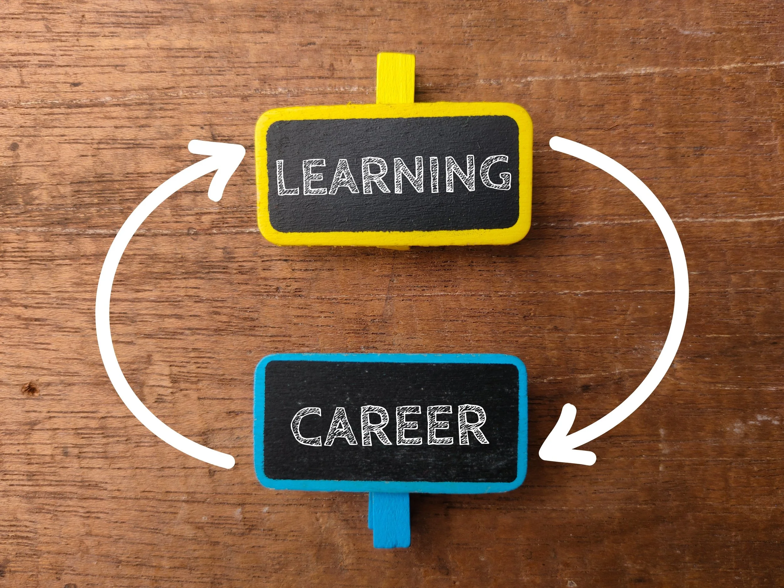Colorful chalkboard signs with the words 'learning' and 'career', connected by white arrows forming a cycle on a wooden surface.
