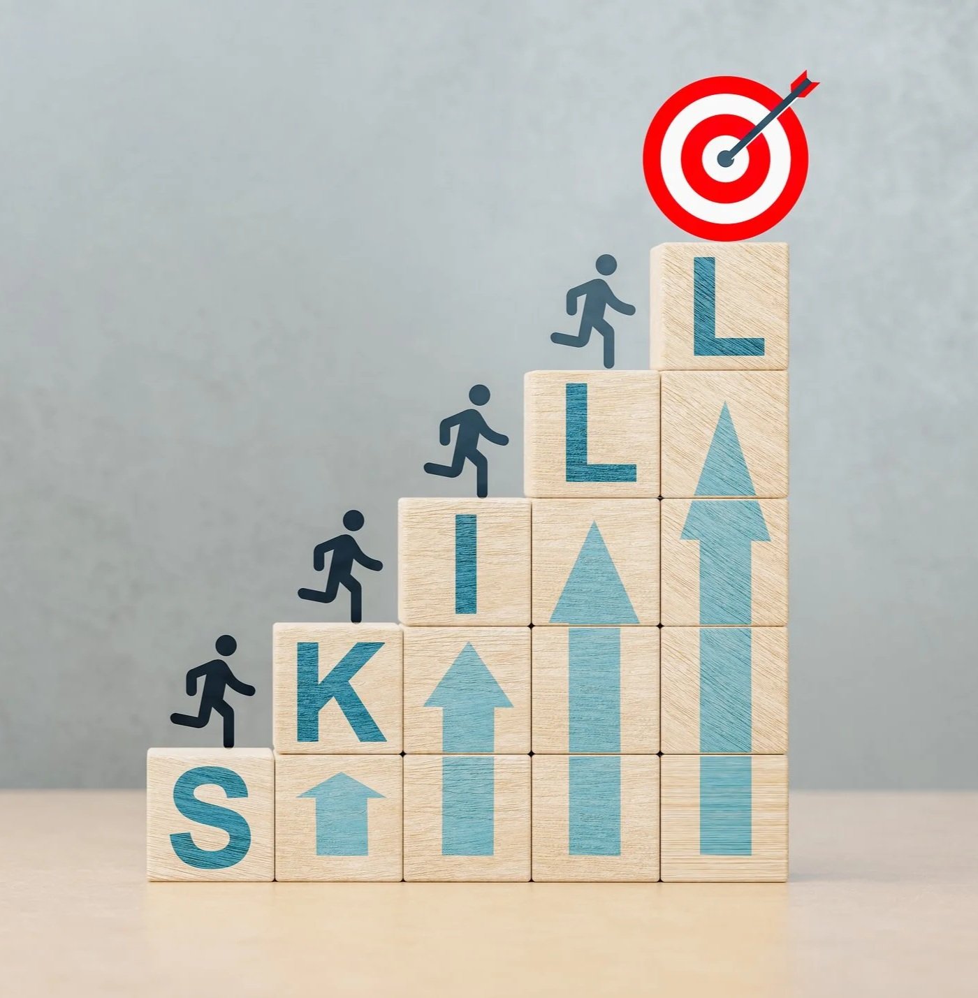 Wooden blocks arranged in a staircase with small runner icons moving upward, letters S, K, I, L spelling 'SKILL', with arrows pointing upward and a red target with an arrow at the top.