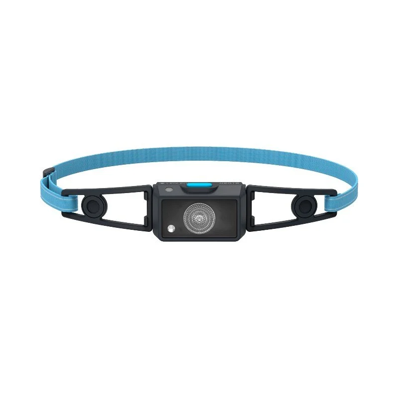 Blue and black adjustable headlamp with a central light and buckle closure, isolated on a white background.