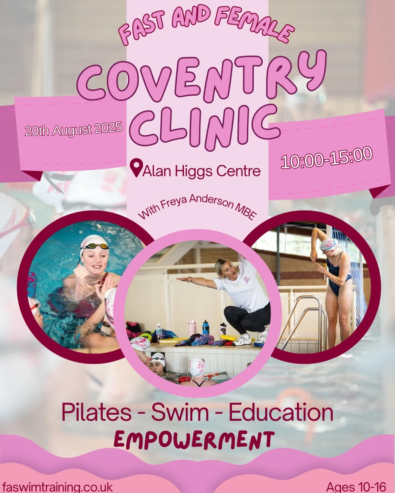 FAST and Female are coming to Coventry as part of our Summer Series!!💗
Join us on the 20th of August for our 5 hour clinic, which includes a swim session with @freyaanderson_ , a chance to try Pilates during a led session as well as educational talk