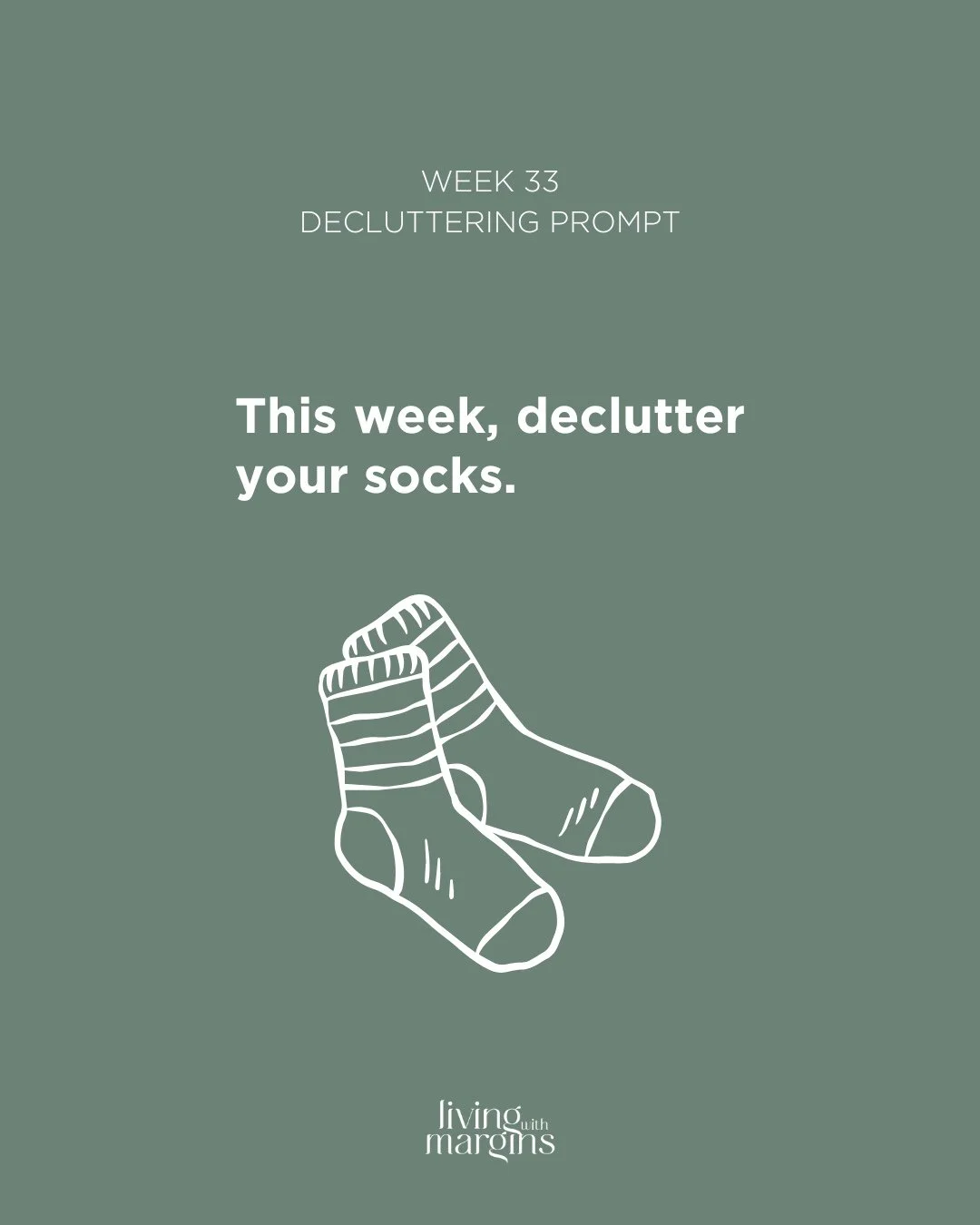 This week, declutter your socks 🧦⁠
⁠
Toss the ones that don't have pairs, that are uncomfortable or that are worn out. ⁠
⁠
⁠
#decluttering #declutteryourlife #declutterchallenge #declutteringtips #decluttermylife