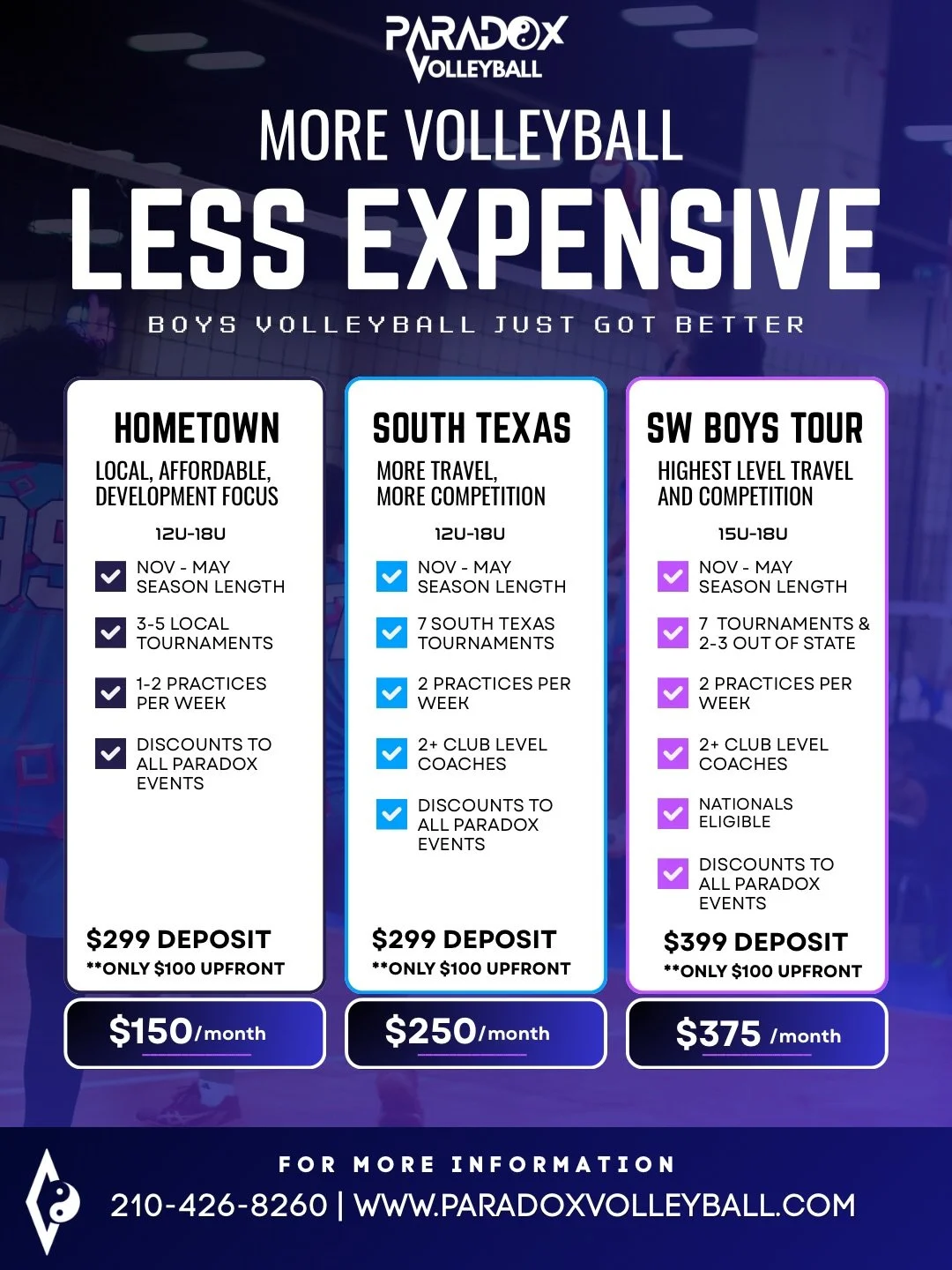 No April Fool&rsquo;s Jokes Here! 
With gas prices soaring up and everything else getting expensive. Something has to change to make boys volleyball an affordable reality to more families. 

Which team offering are you looking for?!