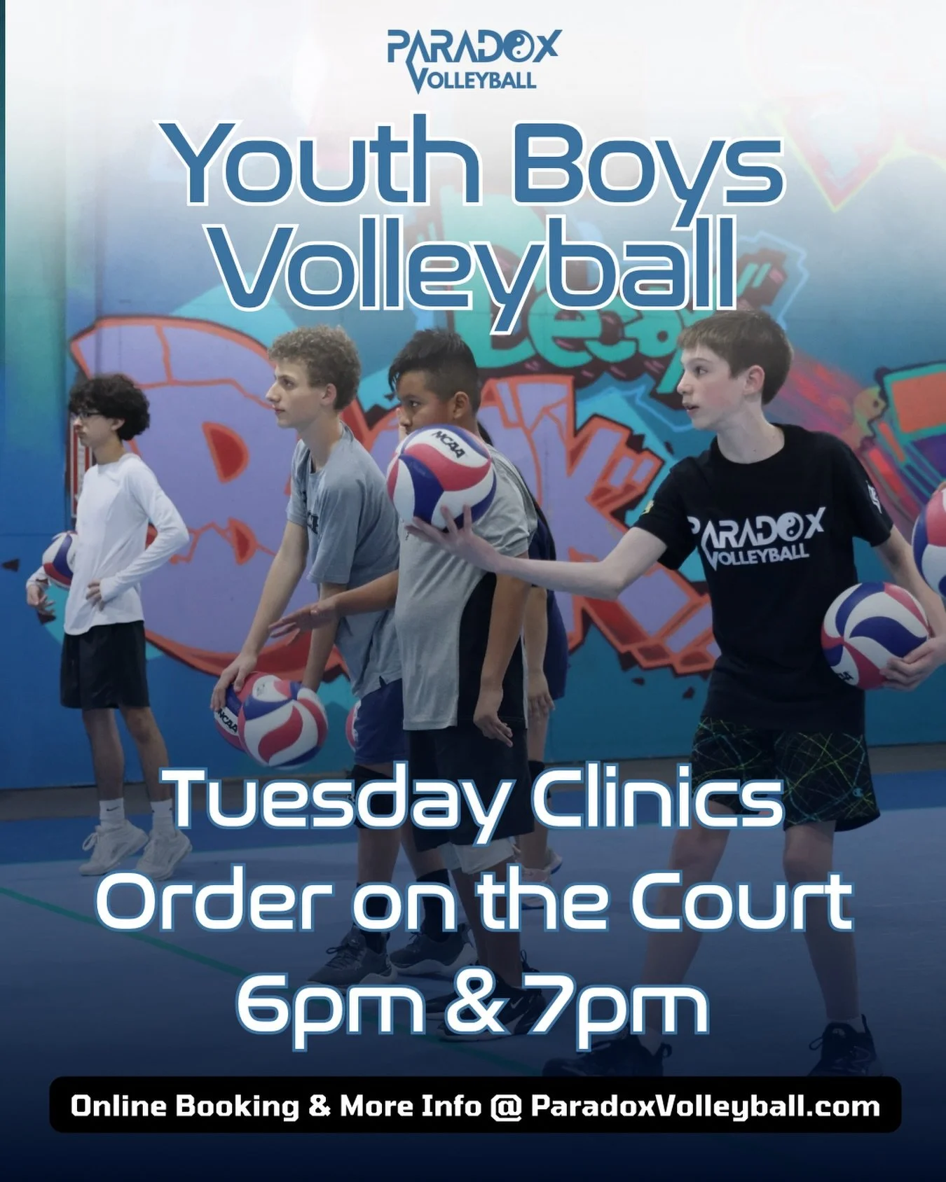 Whether you are brand new to the sport or want to take your volleyball to the next tier. 
We have the Youth Volleyball hour for you!!
6pm-7pm - Beginners Clinic 10U-14U
7pm-8pm - Skills Clinic 10U-14U

Spread the word because boys volleyball is growi