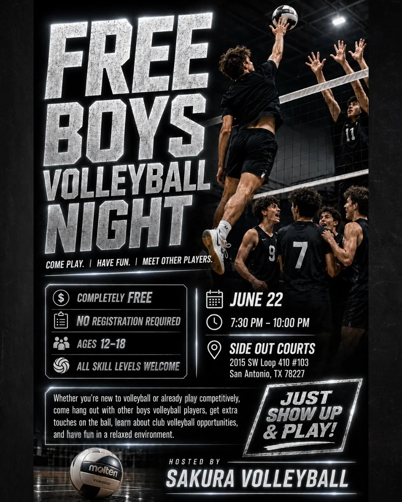 First night in our new home! 
Inviting all boys who play volleyball or want to join the sport. 
We cover a few skills and then play a lot of volleyball!!

Spread the word