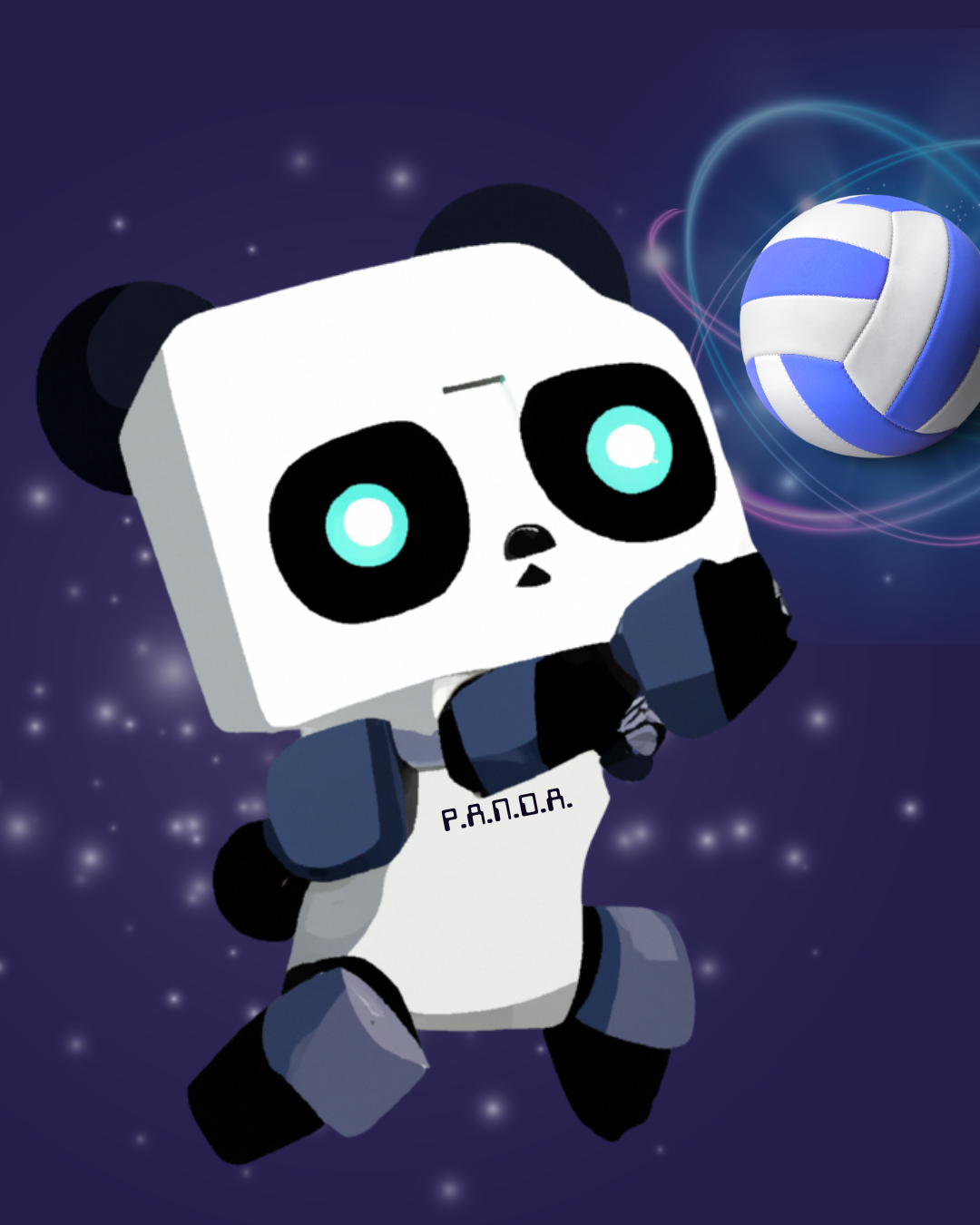 A cartoon panda robot with glowing blue eyes playing volleyball in space with a blue and white volleyball nearby.
