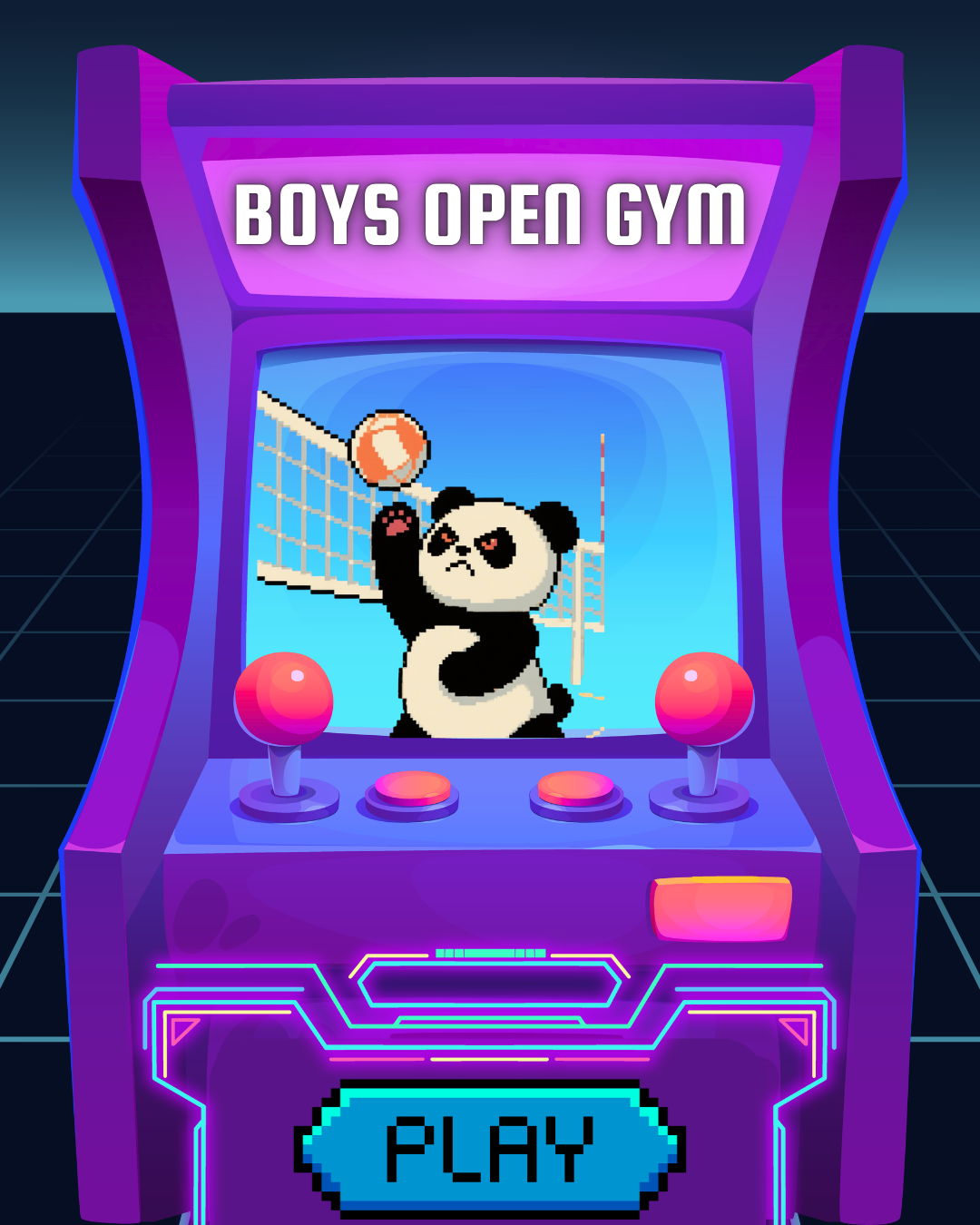A pixel art arcade game machine labeled "Boys Open Gym" showing a panda playing volleyball with a net and a ball, and a large blue "Play" button.