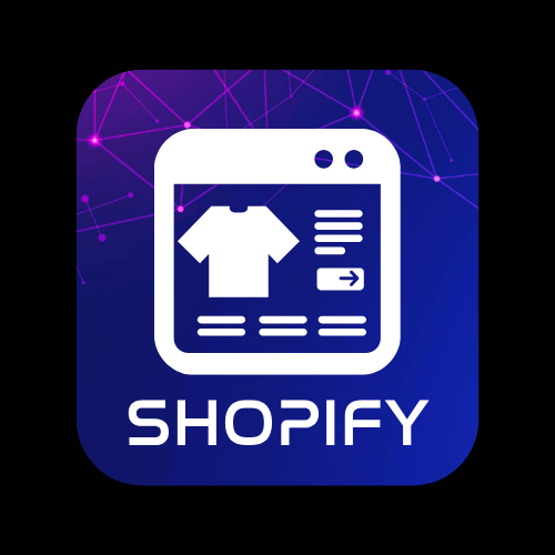 Shopify logo with a stylized online shopping interface featuring a t-shirt icon on a digital background.