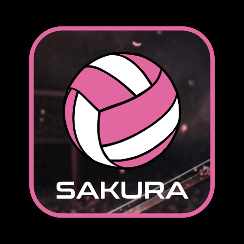 A logo featuring a pink and white volleyball with the name 'SAKURA' below it, set against a dark background with pink border.