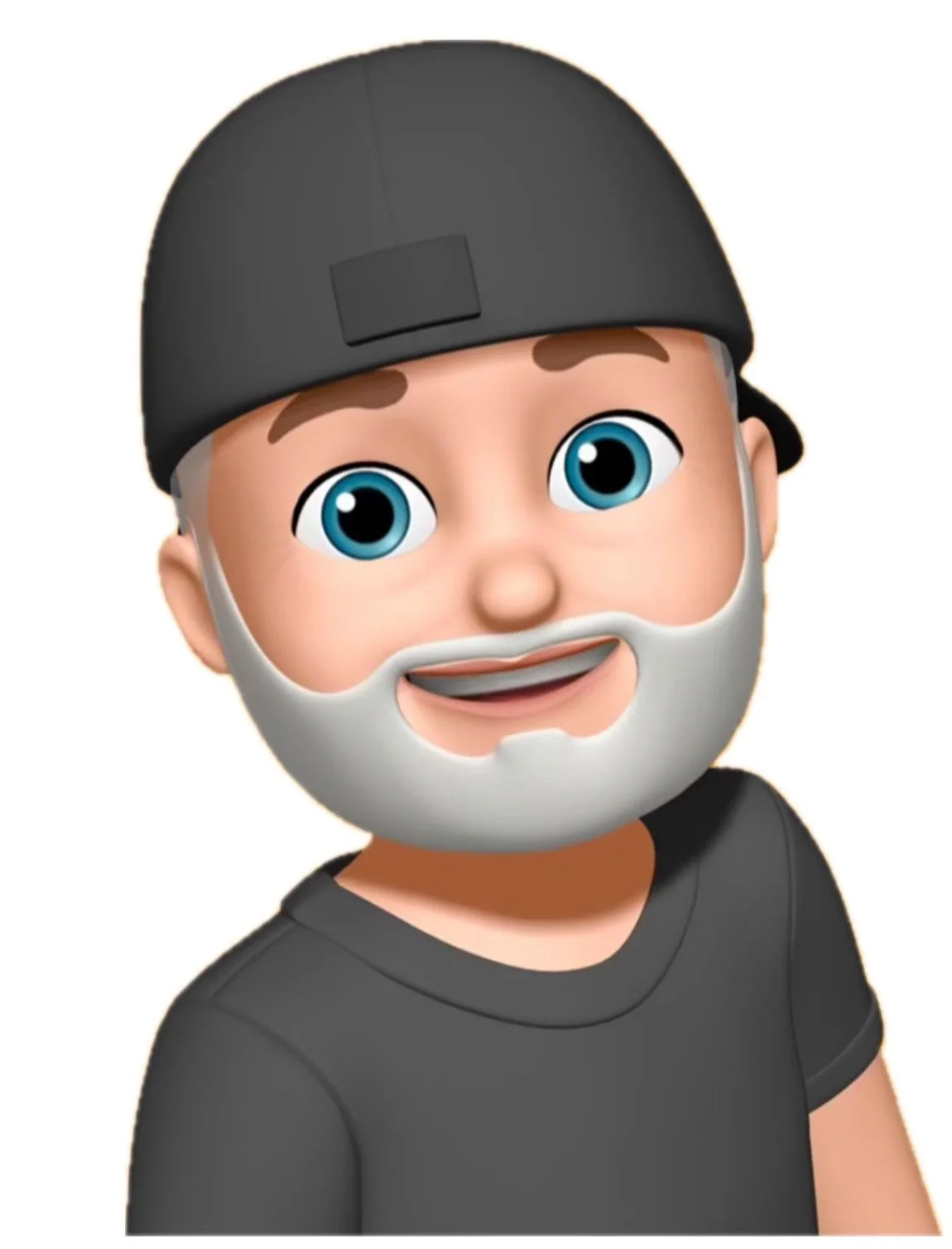 FC Design Director with bright blue eyes, a white beard, wearing a black cap and black shirt, smiling happily.