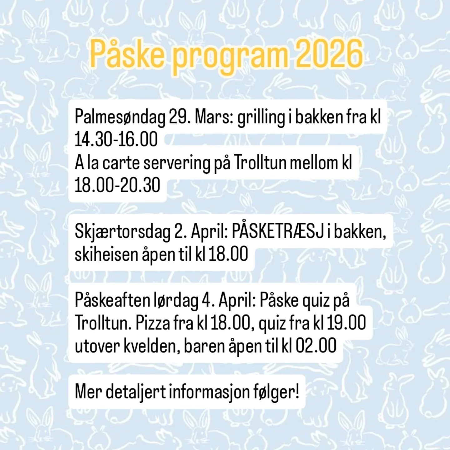 Vi h&aring;per selvf&oslash;lgelig p&aring; knallv&aelig;r i P&aring;ska, men god stemning blir det uansett! 😎☀️ N&aring;r det gjelder grilling palmes&oslash;ndag ser vi ann v&aelig;ret og evt flytter den til en solskinnsdag ☀️

Dette er programmet 