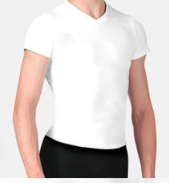 Person wearing a white V-neck t-shirt