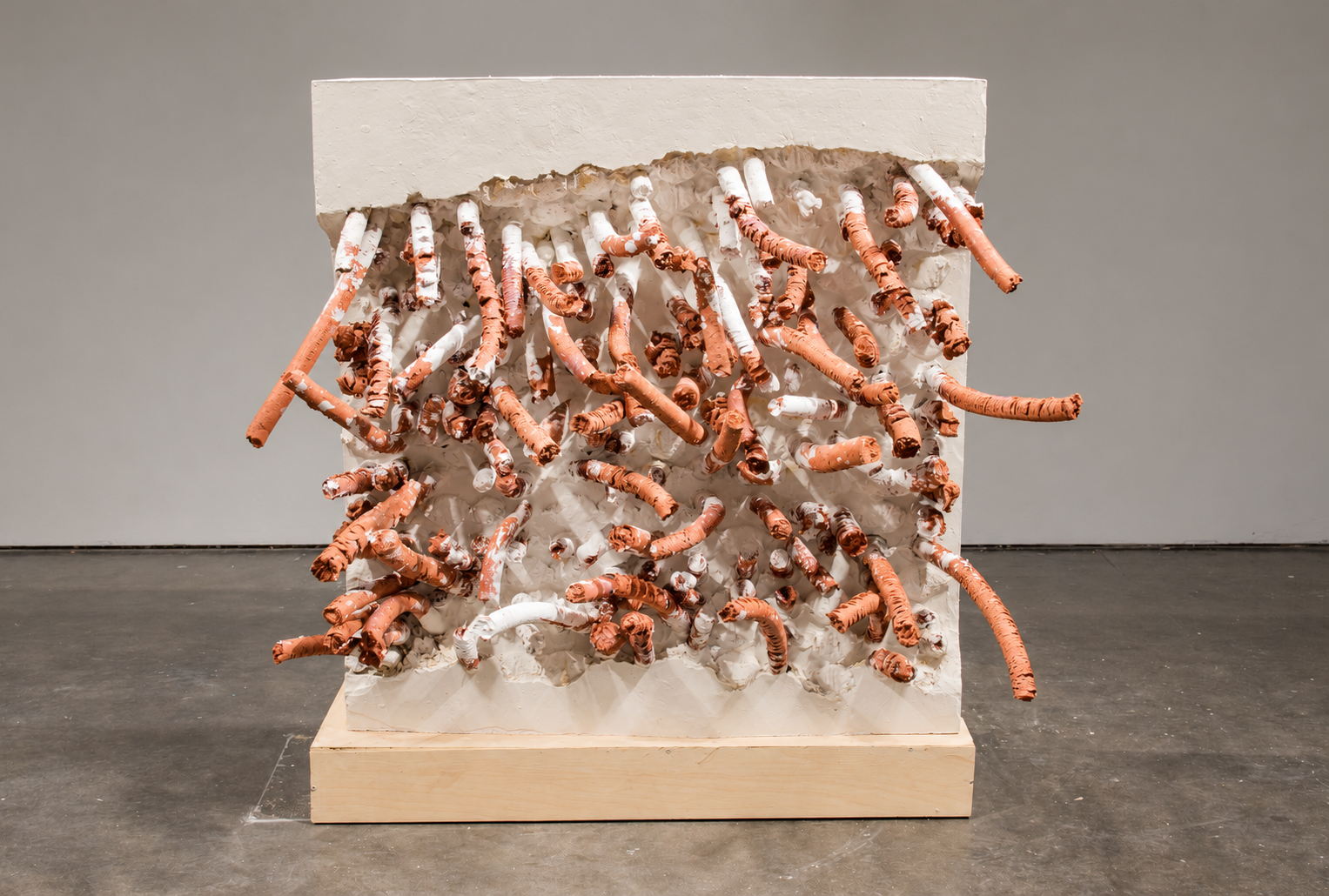 baby breath, 2021, mattress springs and casings, hydrocal, earthenware, cobalt oxide, 48x48x12"