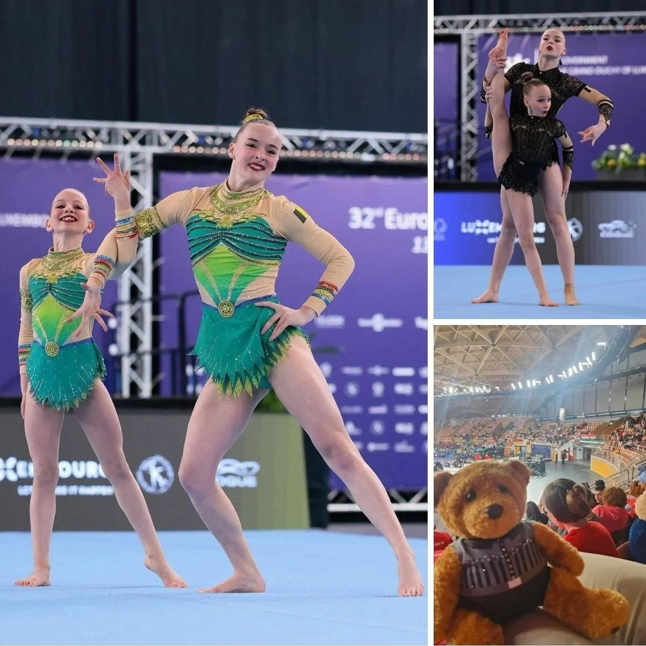 Foto van een gymnastiekwedstrijd met jonge gymnasten op het podium tijdens een toernooi, een publiek in de sporthal en een teddybeer in de tribune.