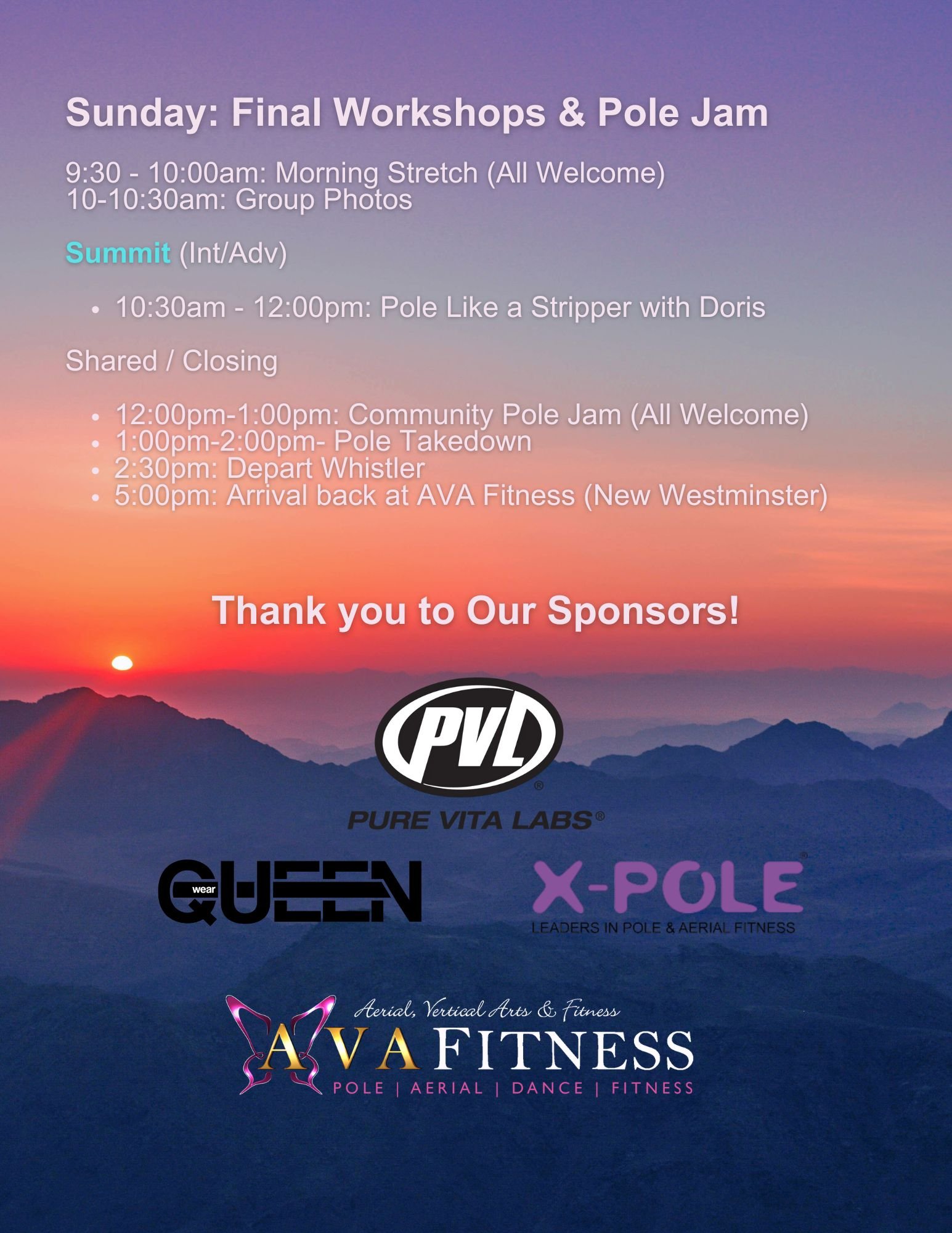 Whistler Pole Retreats Day 4 schedule with activities like Front Split Fusion and Slow Flow Choreo; includes group photo session, vehicle load, and departure times, featuring a silhouette of a pole dancer and a steering wheel graphic, set against a colorful gradient background.
