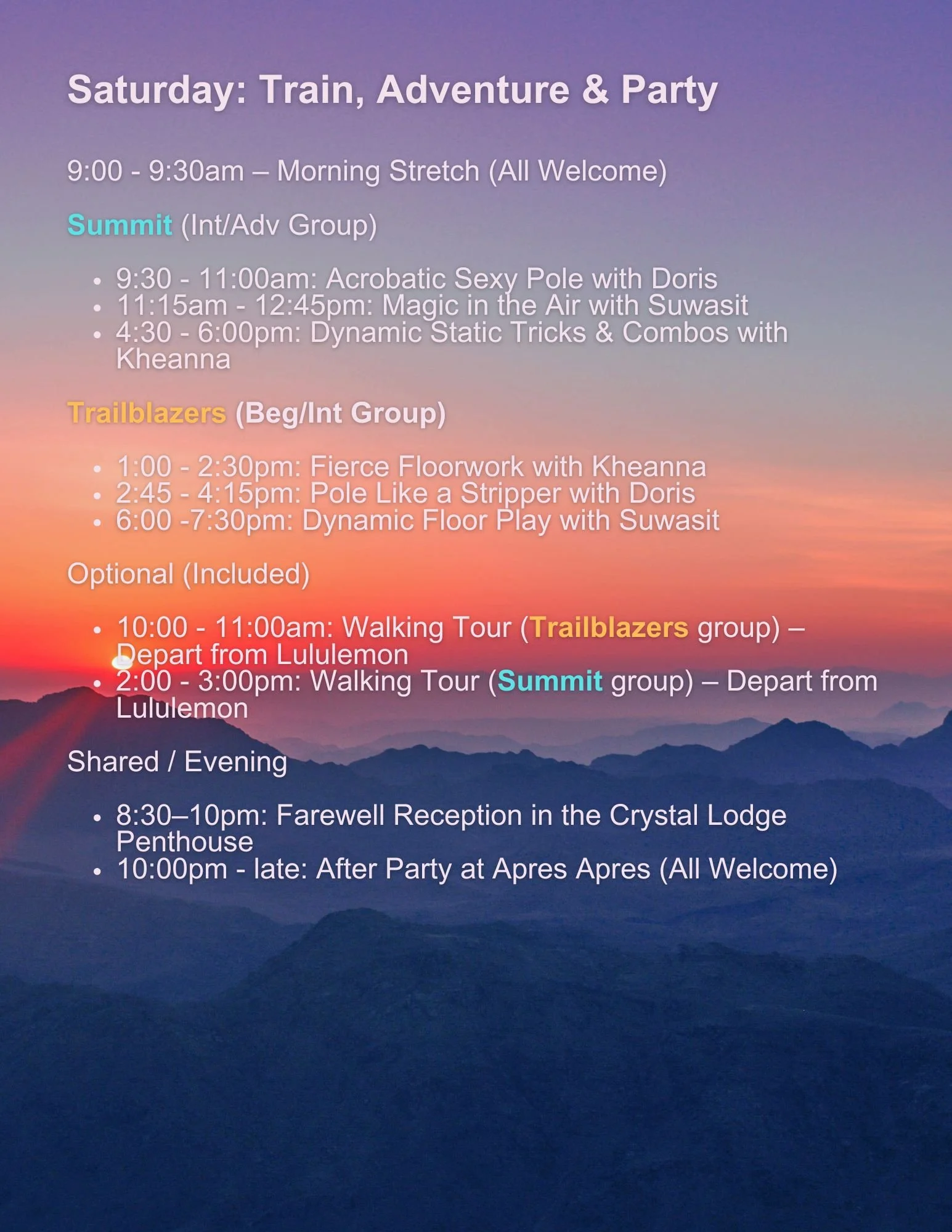 Workshop schedule for Whistler Pole Retreats Day 3, including times for various sessions with instructors Claudia, Suwasit, and Jemma. It lists sessions like Flow State, Basework Tricks, and others. There are also details of a pole jam, farewell reception, and after party. Background features silhouettes of dancers.