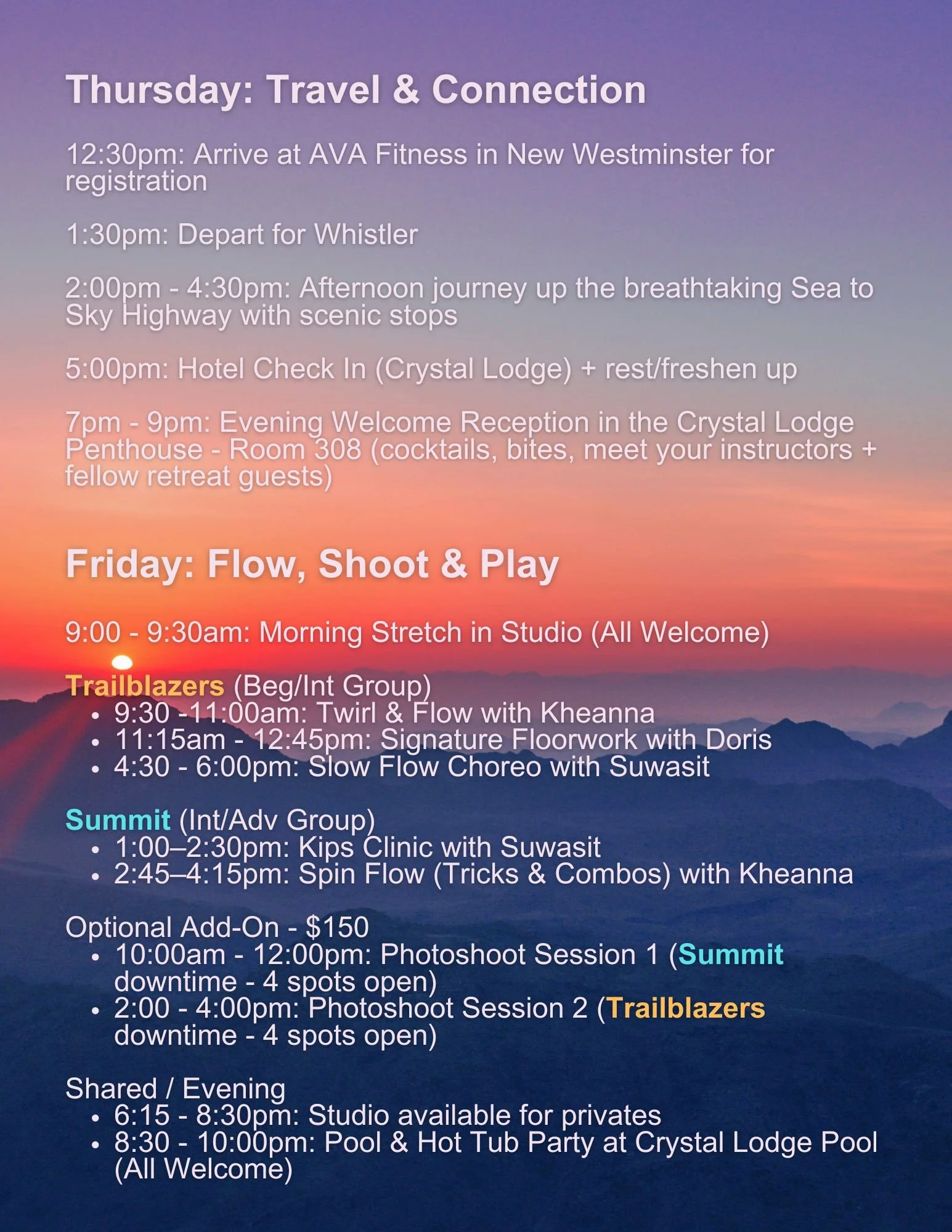 Workshop schedule for Whistler Pole Retreats Day 2, listing activities like Technique & Fluidity, choreography, and spa excursion.