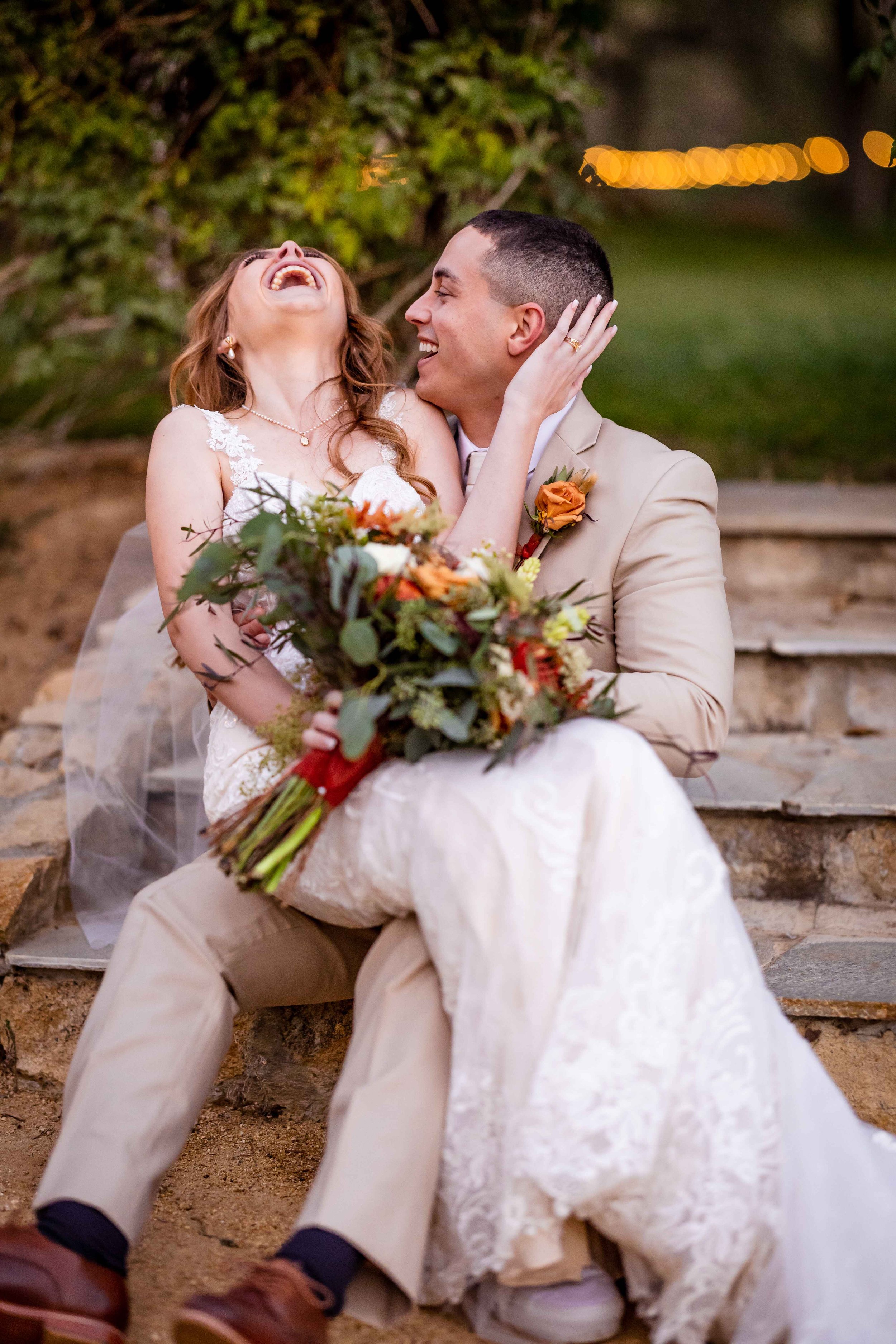 candid laughing photo of bride and groom at Secluded Garden Estate