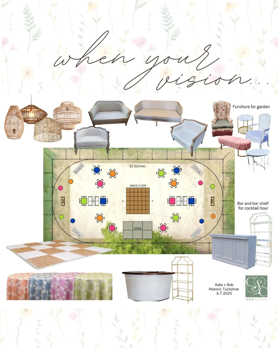 One of our ABSOLUTELY favorite parts of the planning process with our clients is the CADs we create. Adding in our specialty rentals, color coding and personal paper design is the chef&rsquo;s kiss!!!! To see it unfold for our Kate (who was featured 