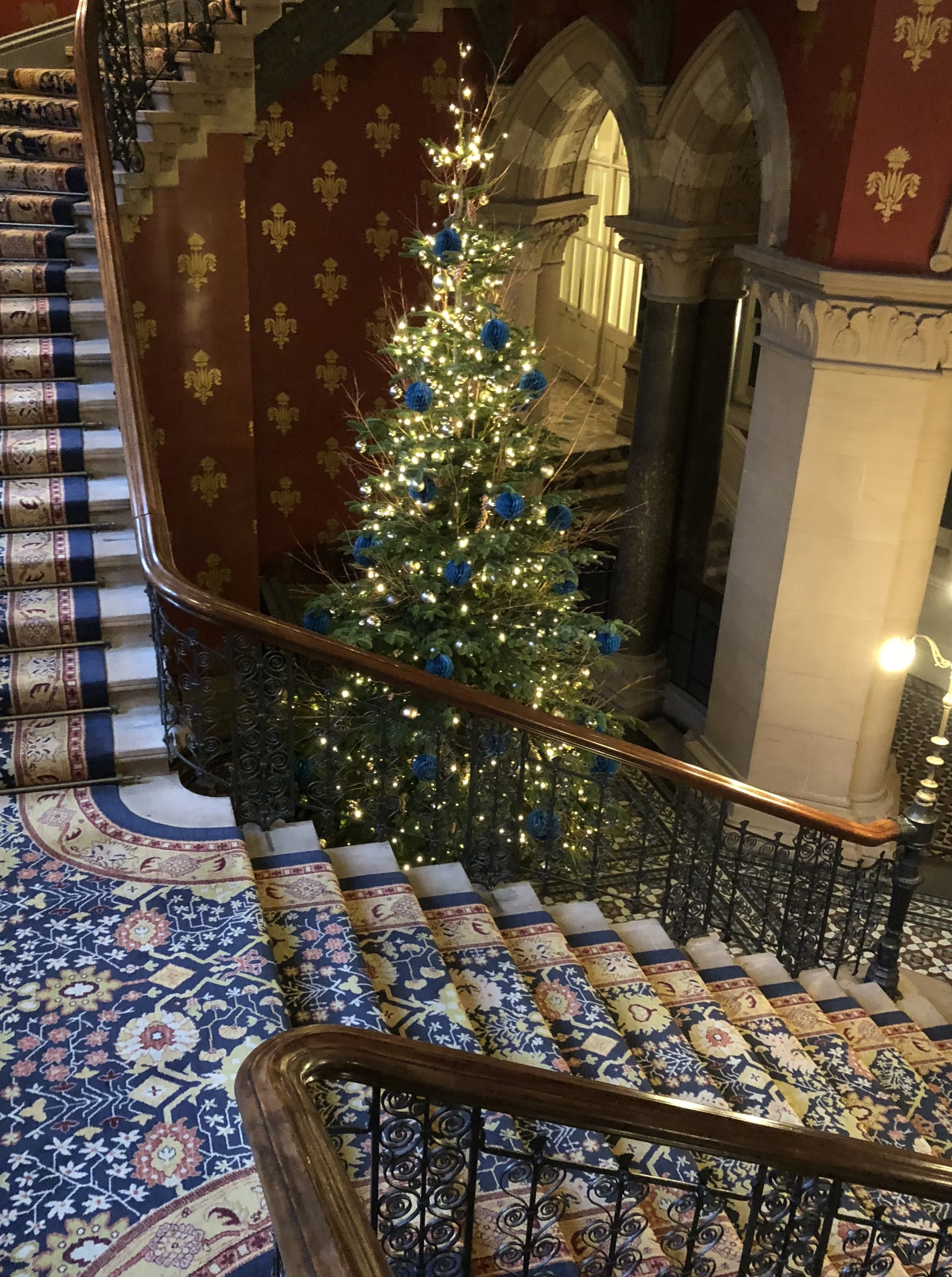 Extra large statement xmas tree display and decor - London Hotel lobby festive display - Plants By There - Live Christmas Tree decoration and xmas lights